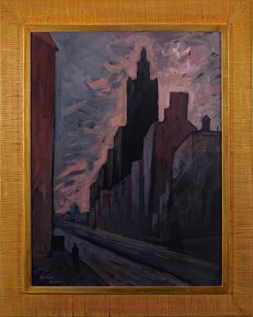 Gershon Benjamin Landscape Painting – ""Sonnenuntergang in der Stadt"