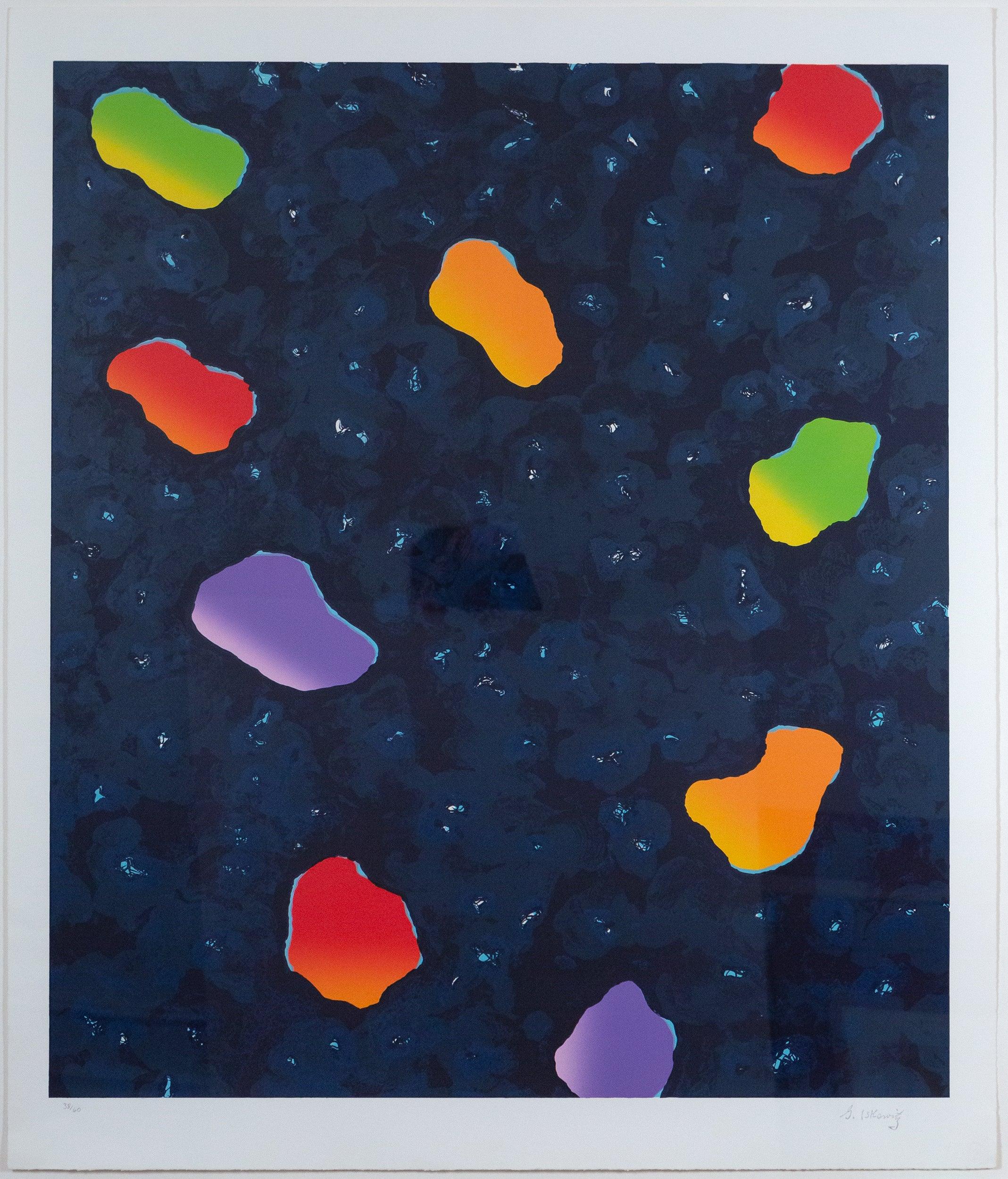 This vibrant Gershon Iskowitz (1921-1988) print is a perfect example of the artist's iconic style. A signature of his practice is the use of large cloud-like forms of saturated colors.

In this exceptional piece, the background is composed of a