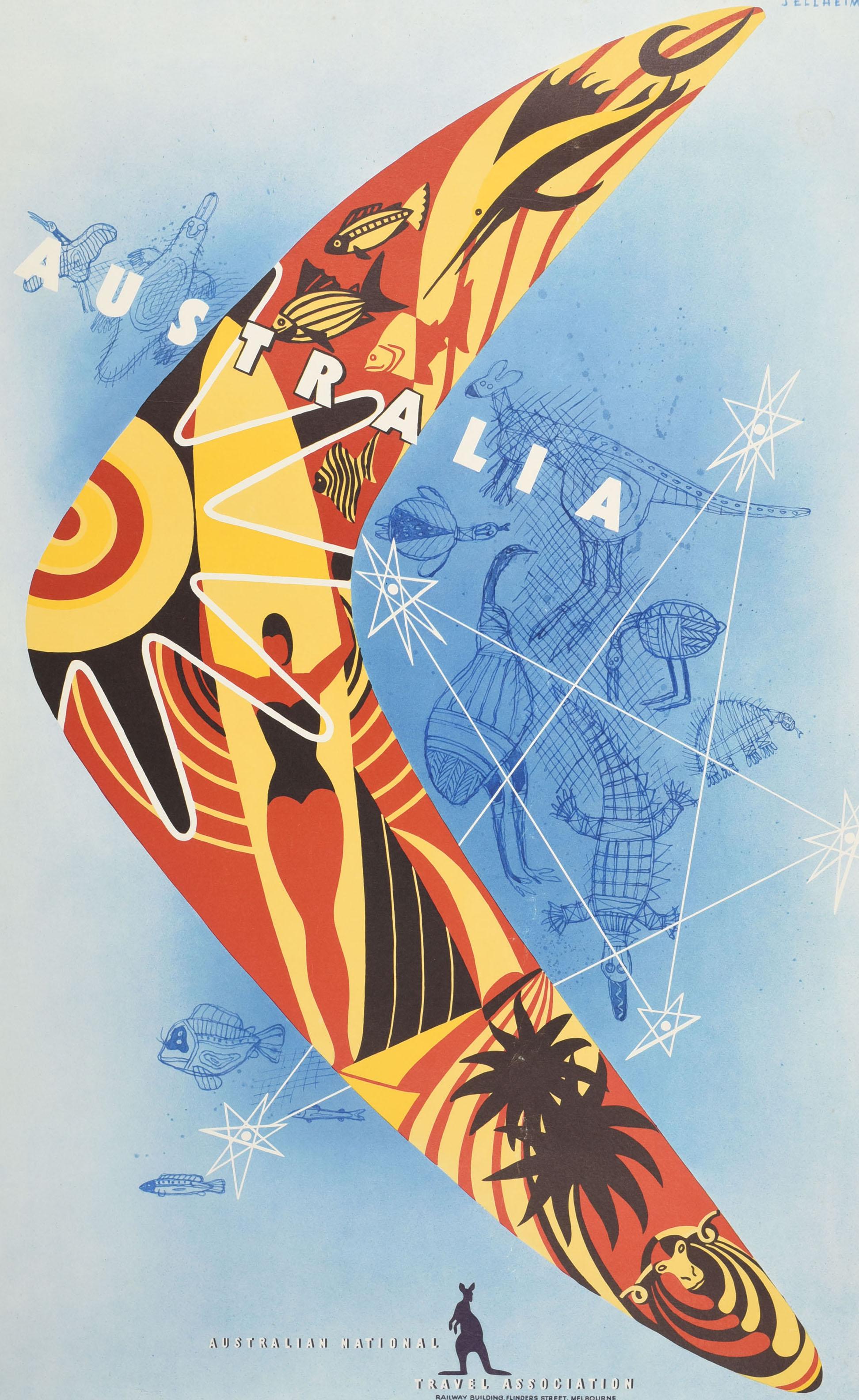 Original Vintage Travel Poster Australia Boomerang Gert Sellheim Aboriginal Art - Print by Gert Hugo Emmanuel Sellheim