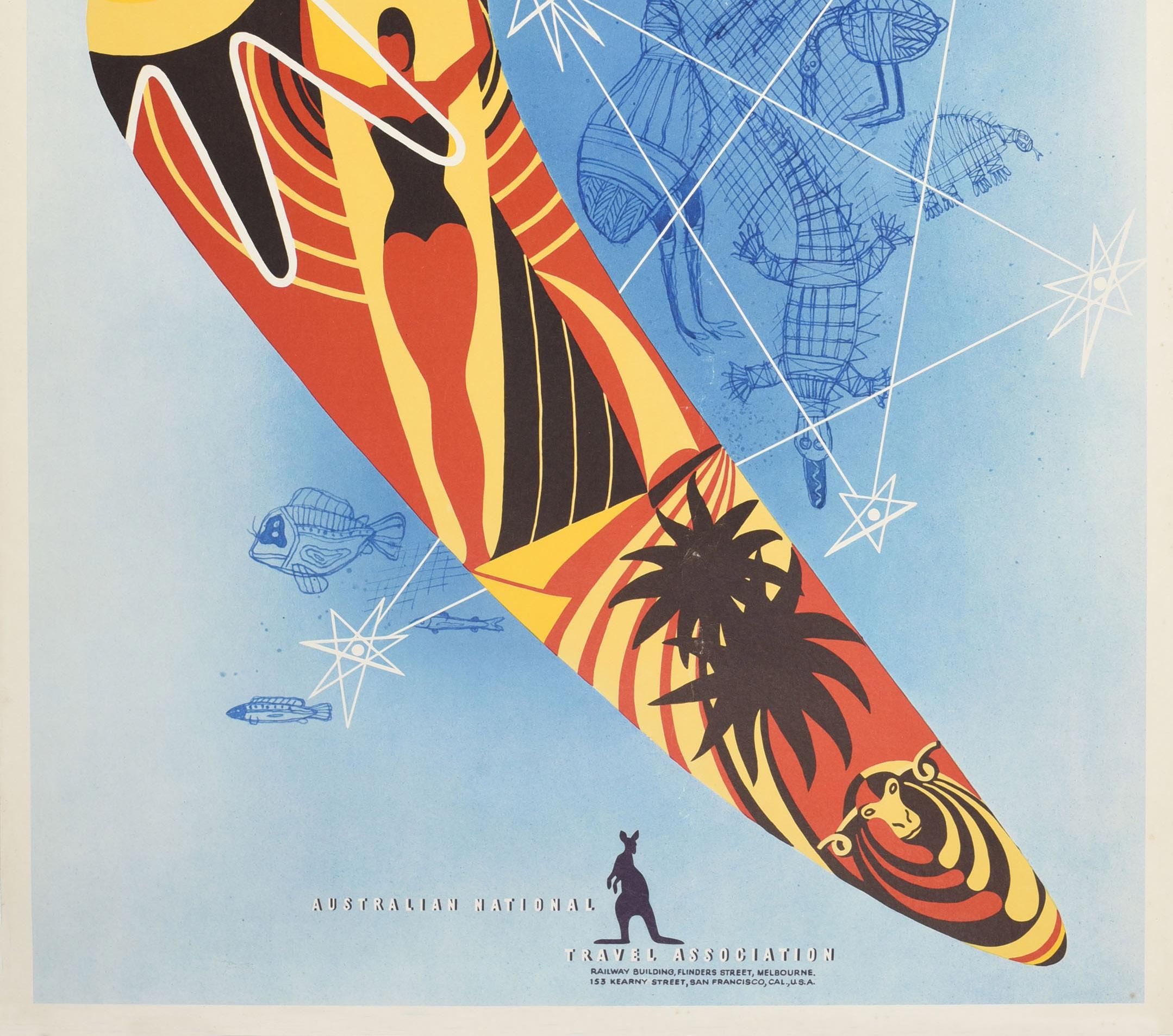 Poster di viaggio originale d'epoca per l'Australia pubblicato dall'Australian National Travel Association. Grande design del pluripremiato architetto e graphic designer Gert Sellheim (Gert Hugo Emmanuel Sellheim; 1901-1970) con immagini di un pesce
