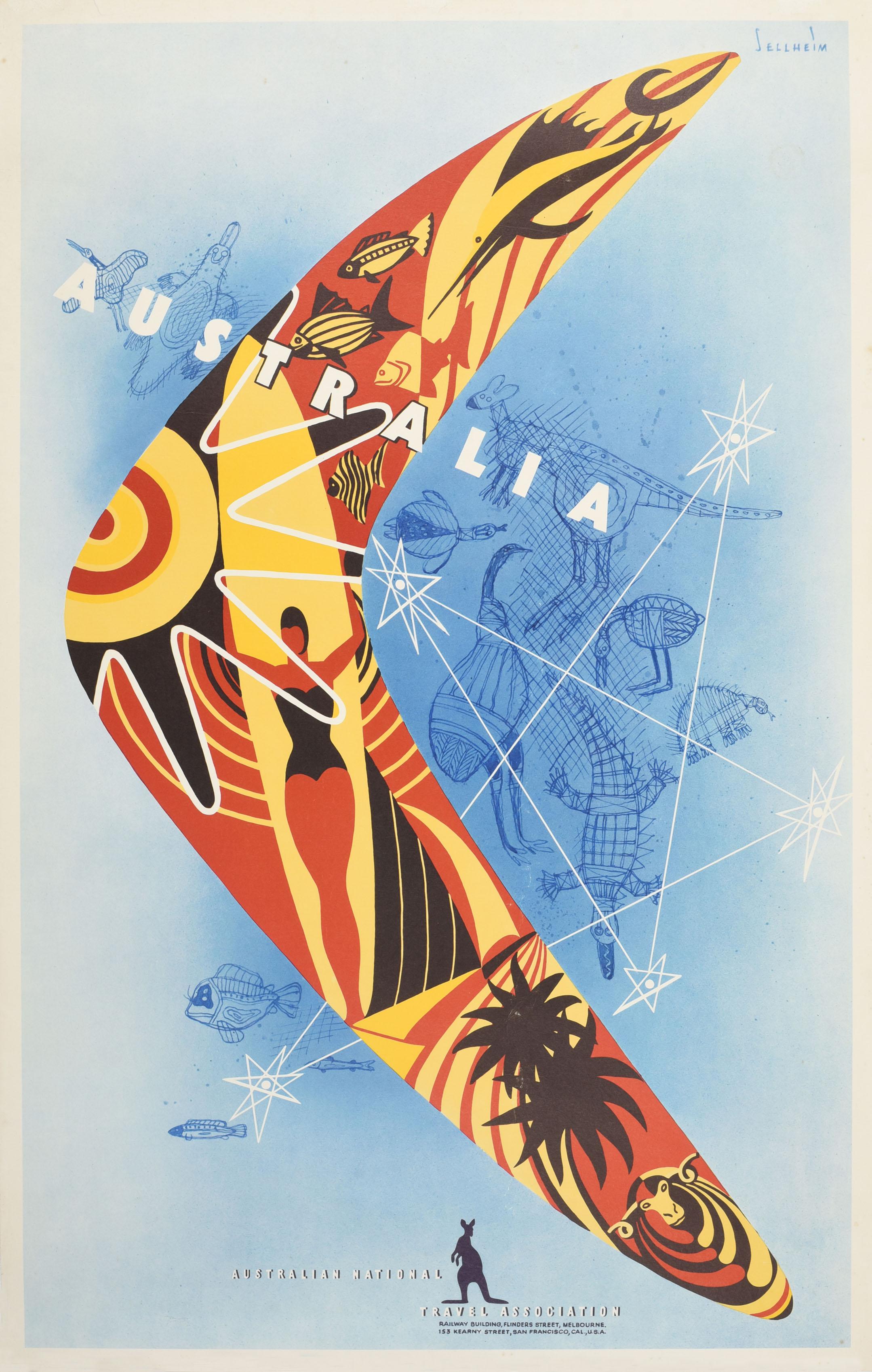 Gert Hugo Emmanuel Sellheim Print - Original Vintage Travel Poster Australia Boomerang Gert Sellheim Aboriginal Art