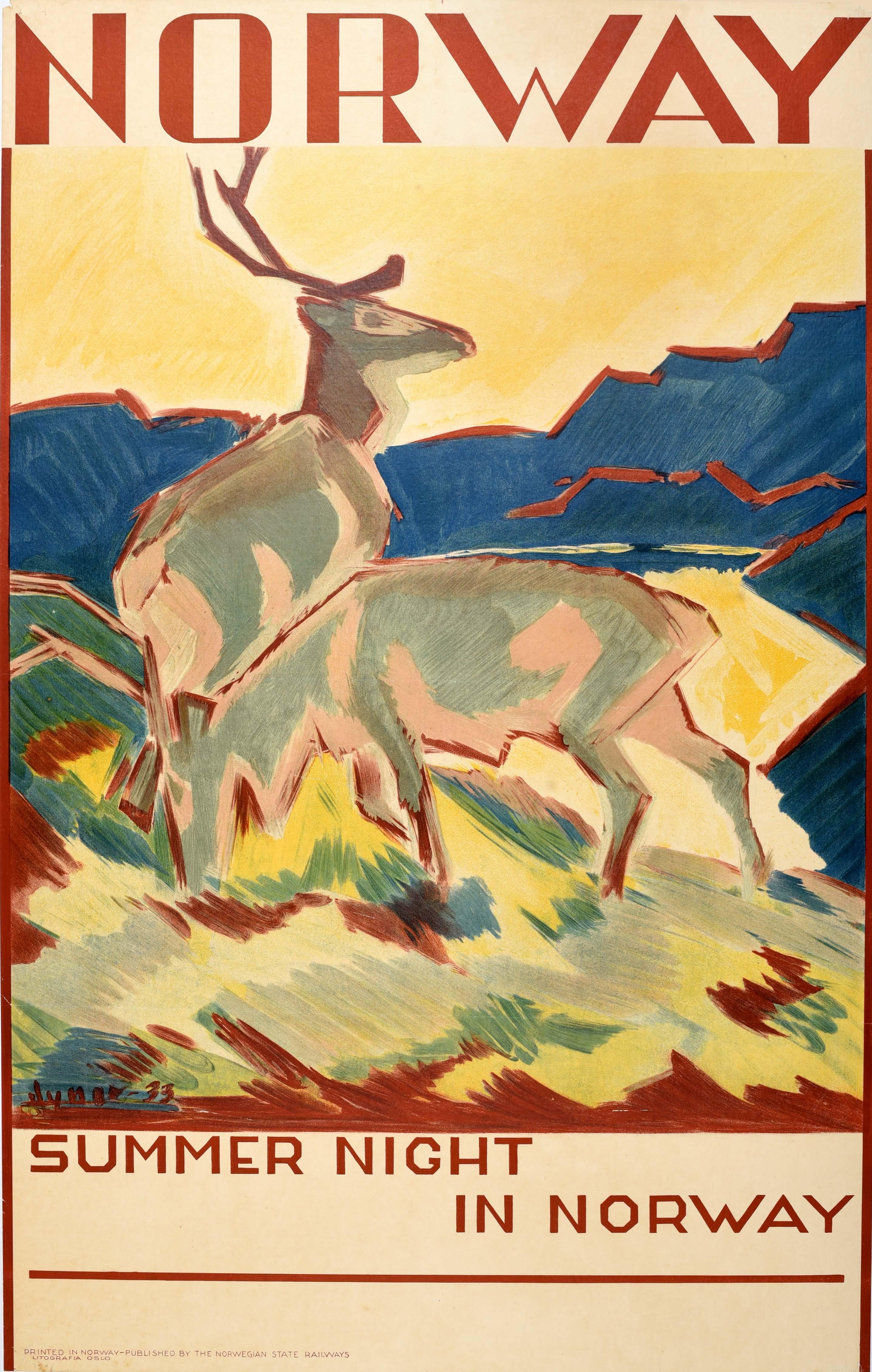 Print di Gert Jynge - Poster di viaggio originale d'epoca per la Scandinavia Notte d'estate in Norvegia Cervo G Jynge
