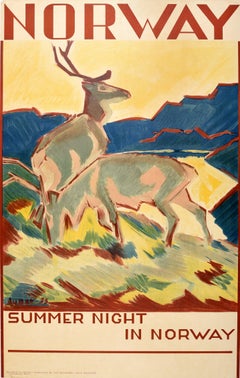 Original Vintage Scandinavia Travel Poster Summer Night In Norway Deer G Jynge