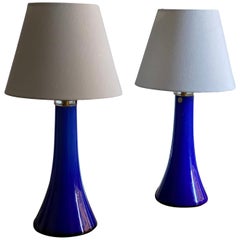 Gert Nyström, Table Lamps, Blue Glass, Fabric, Hyllinge Glasbruk, Sweden, 1960s