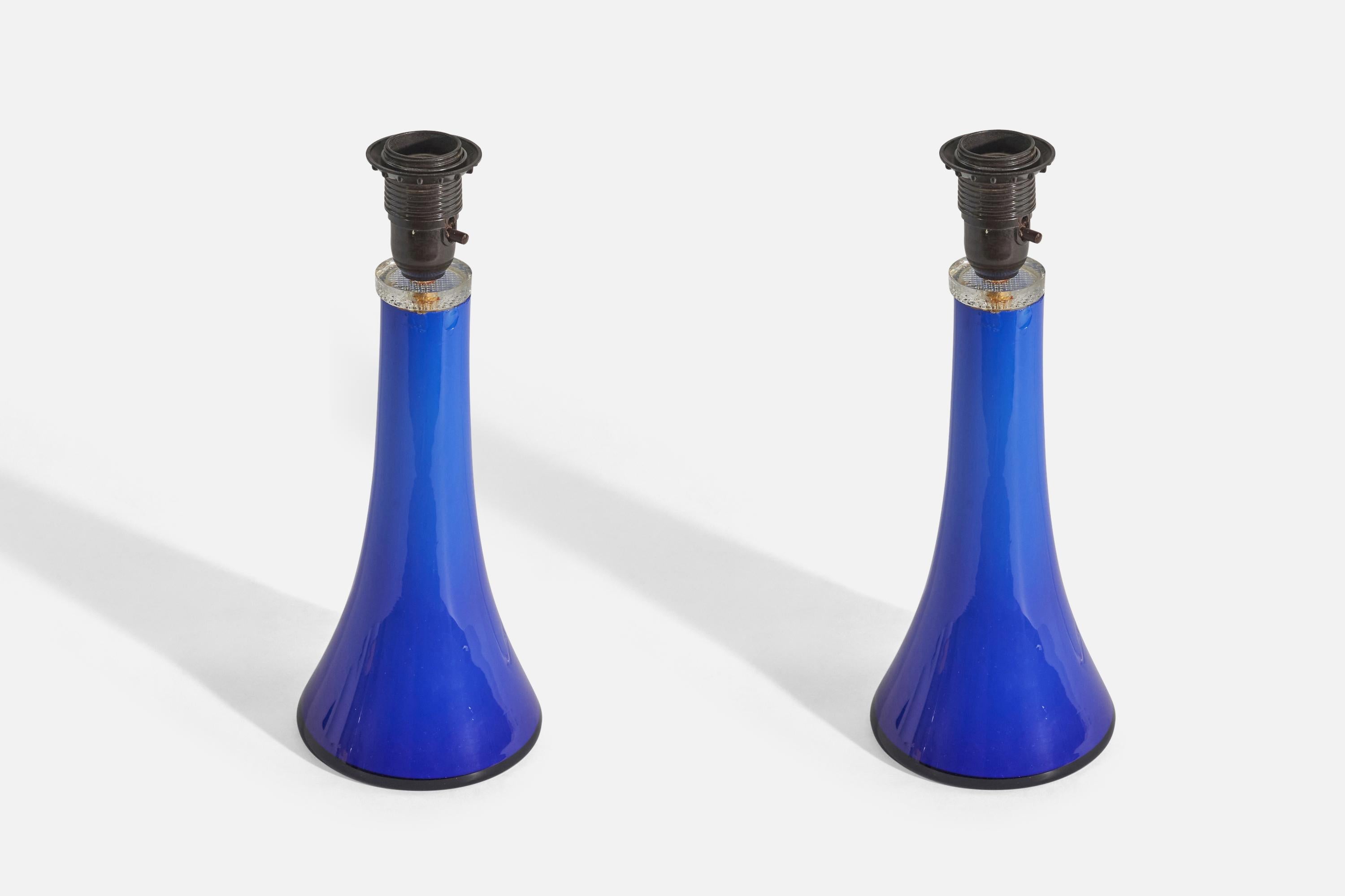 Mid-Century Modern Gert Nyström, Table Lamps, Blue Glass, Hyllinge Glasbruk, Sweden, 1960s For Sale