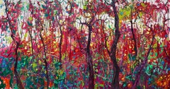 Peinture à l'huile sur toile « Cadmium Red » en stock, expressionnisme des arbres de la forêt