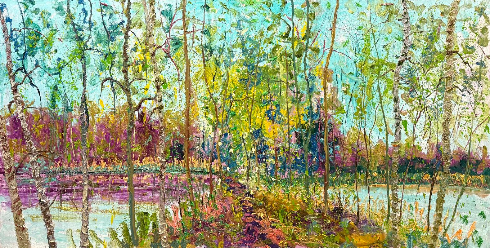 Figurative Painting Gertjan Scholte-Albers - Derrière M 2 peinture à l'huile sur toile Nature Modern Outdoors Tree Forest en stock