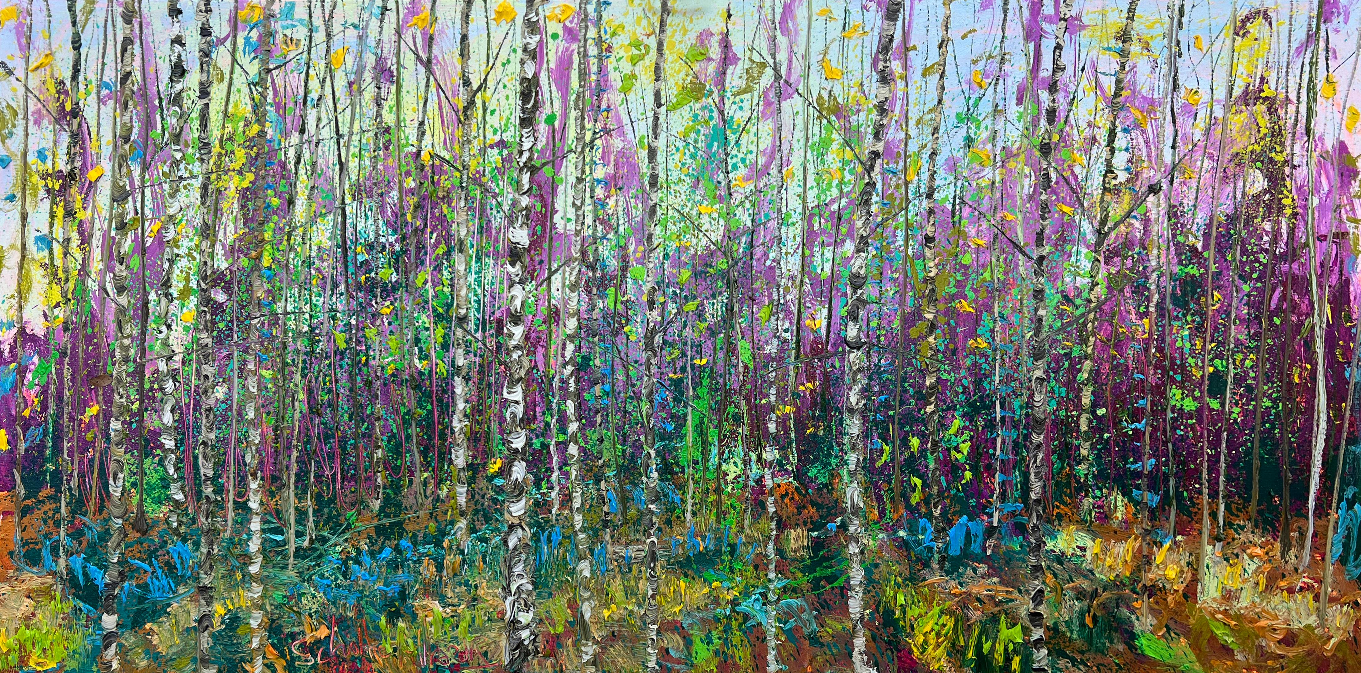 Betulla Tarda Estate Pittura a olio su tela Albero all'aperto Nature moderne In magazzino
