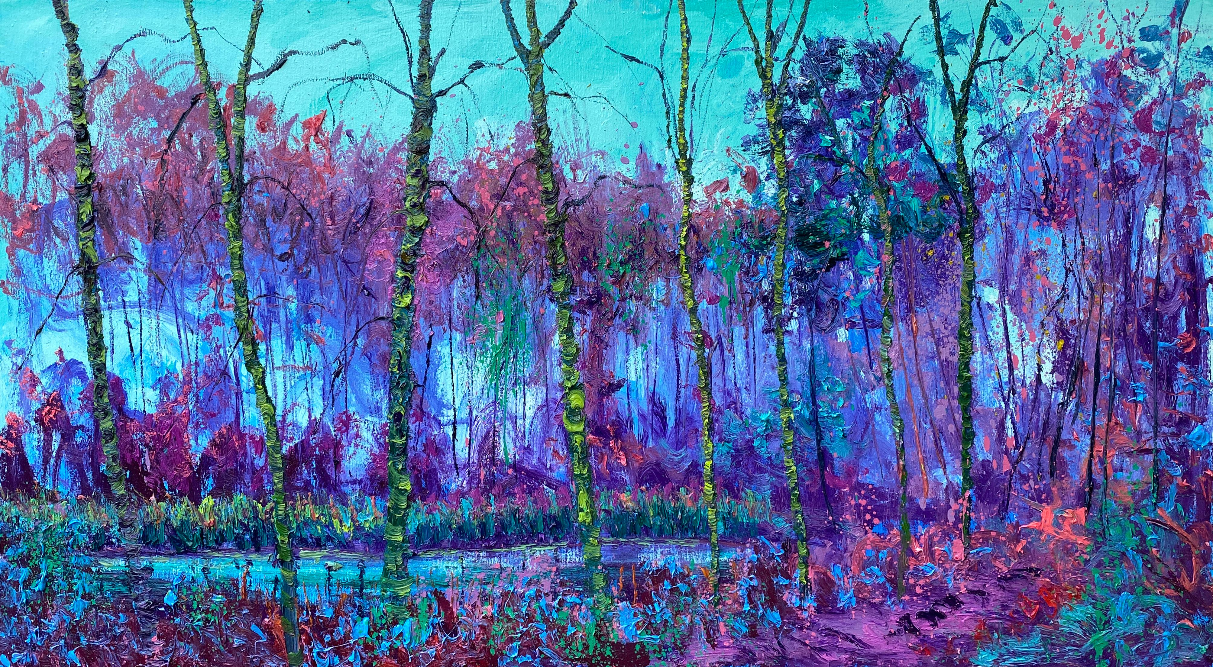 Peinture à l'huile sur toile d'un étang bleu - Expressionnisme extérieur en plein air - En stock
