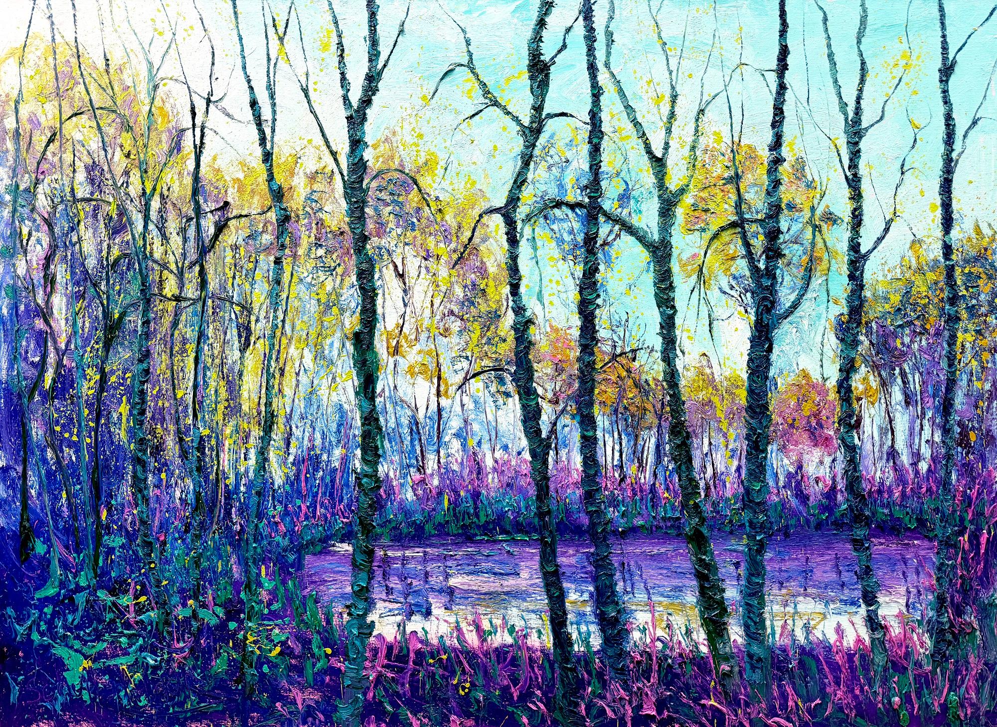 Blauer Teich Rechteck Ölgemälde auf Leinwand Outdoors Modern Nature Tree Vorrätig
