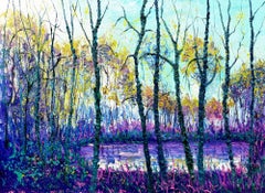 Estanque Azul Rectángulo Pintura al Óleo sobre Lienzo al Aire Libre Naturaleza Moderna Árbol En Stock