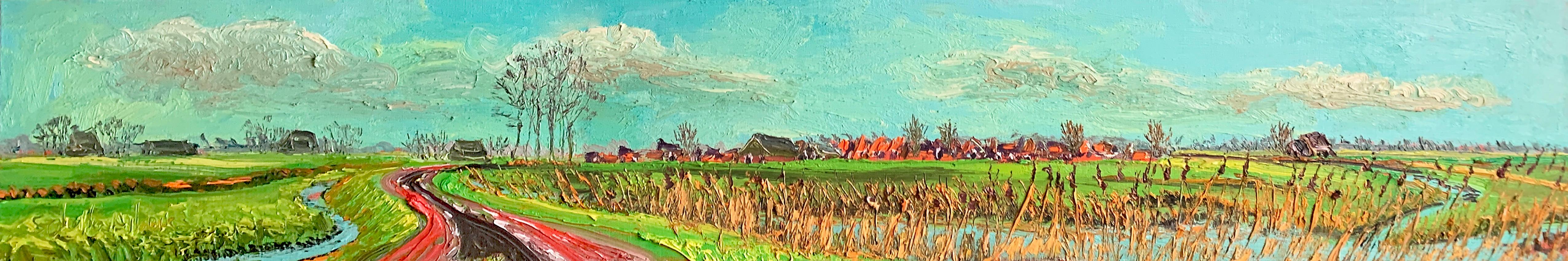 Landscape Painting de Gertjan Scholte-Albers - Ezinge Panorama Pintura al óleo Lienzo Paisaje moderno Naturaleza al aire libre En Stock