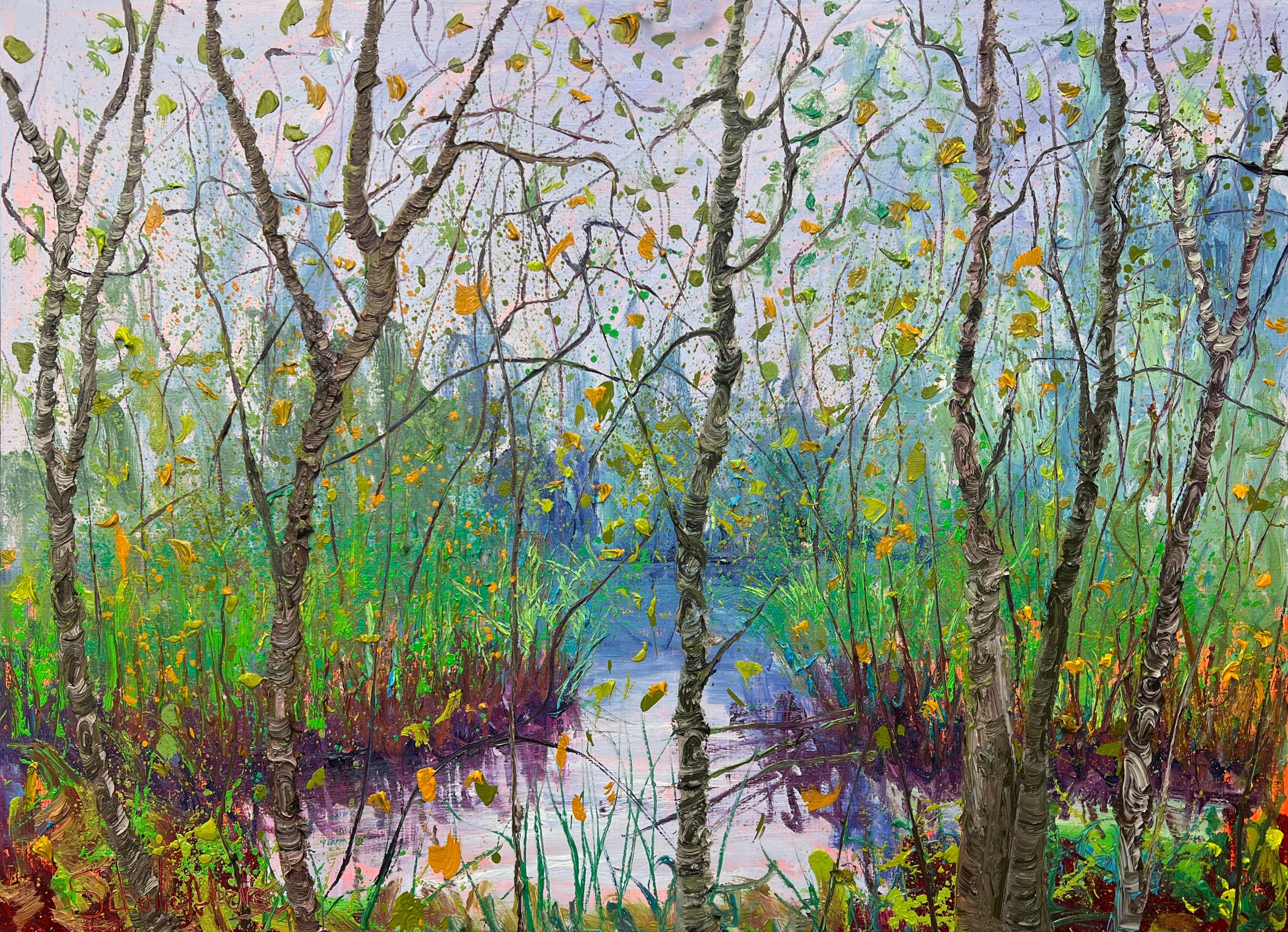 Landscape Painting di Gertjan Scholte-Albers - Tarda estate rettangolo olio su tela Nature Outdoors Tree Modern In magazzino