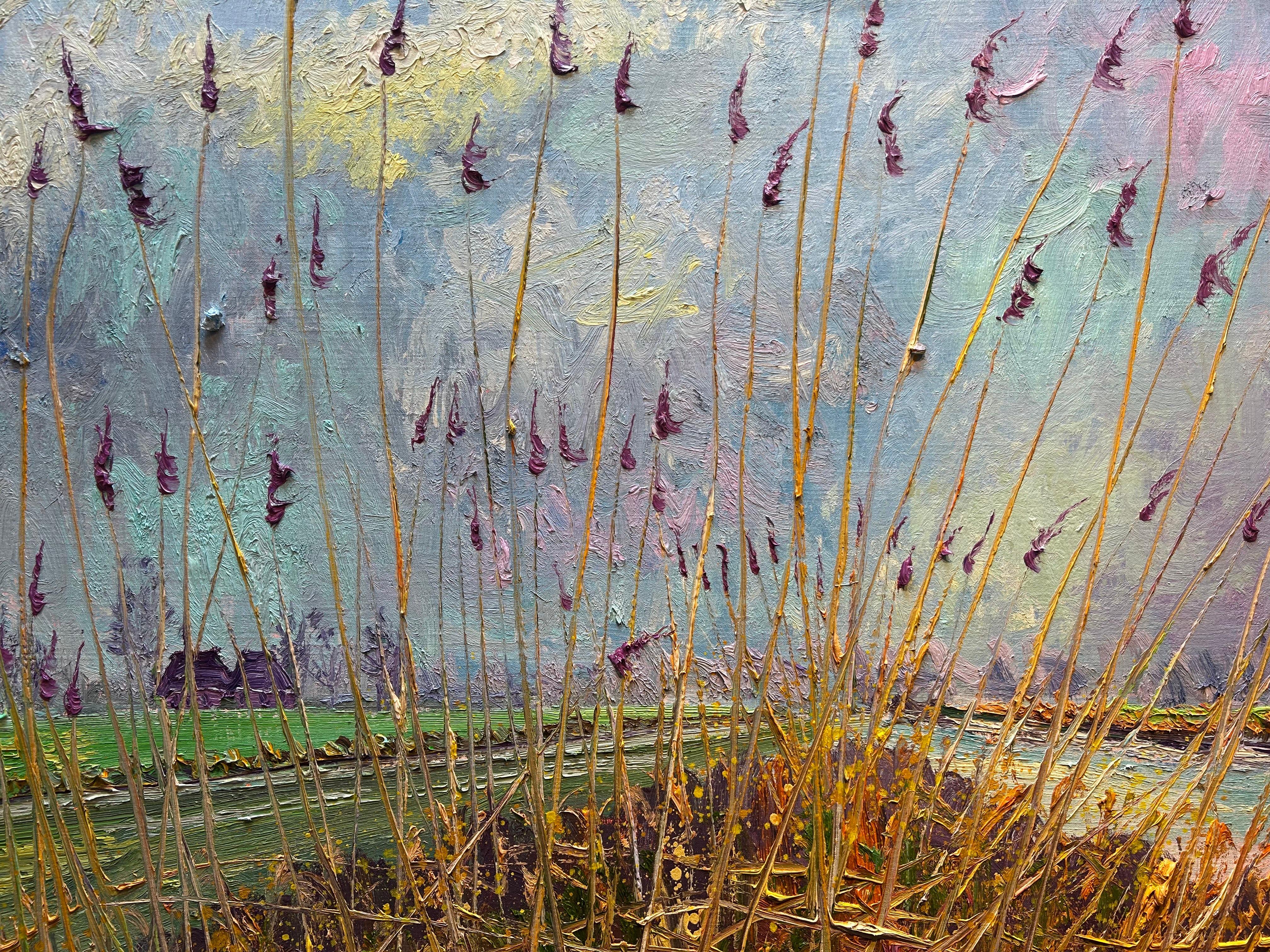 Lucht Land Water Riet Pittura a olio su tela Nature Modern Sky Outdoors In magazzino in vendita 5