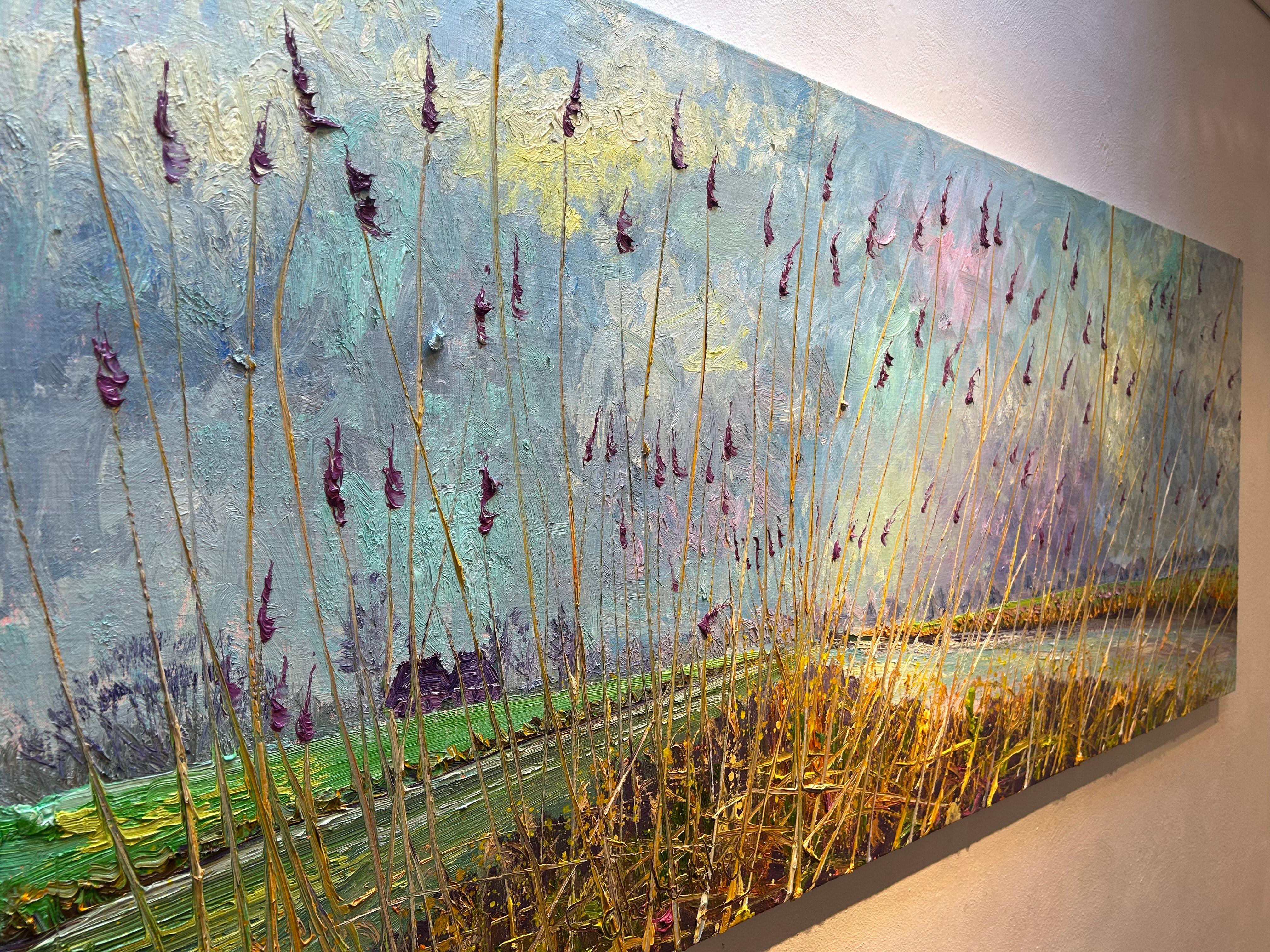 Lucht Land Water Riet Pittura a olio su tela Nature Modern Sky Outdoors In magazzino - Painting di Gertjan Scholte-Albers