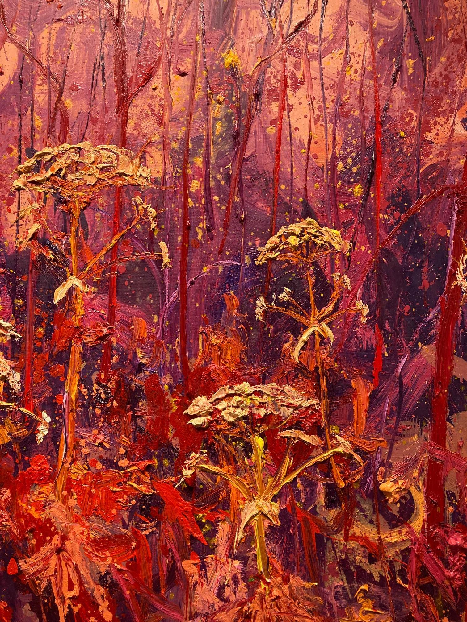 Magenta Pig Hogweed Oil Painting on Canvas Outdoors Modern Nature In Stock - Pink Landscape Painting by Gertjan Scholte-Albers