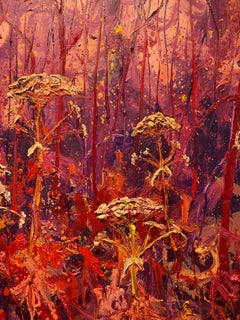 Magenta Pig Hogweed Oil Painting on Canvas Outdoors Modern Nature In Stock