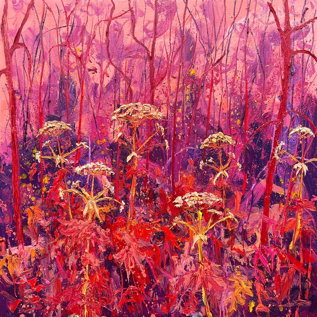 Magenta Pig Hogweed Oil Painting on Canvas Outdoor Plein Air In Stock