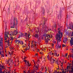 Magenta Pig Hogweed Oil Painting on Canvas Outdoors Modern Nature In Stock