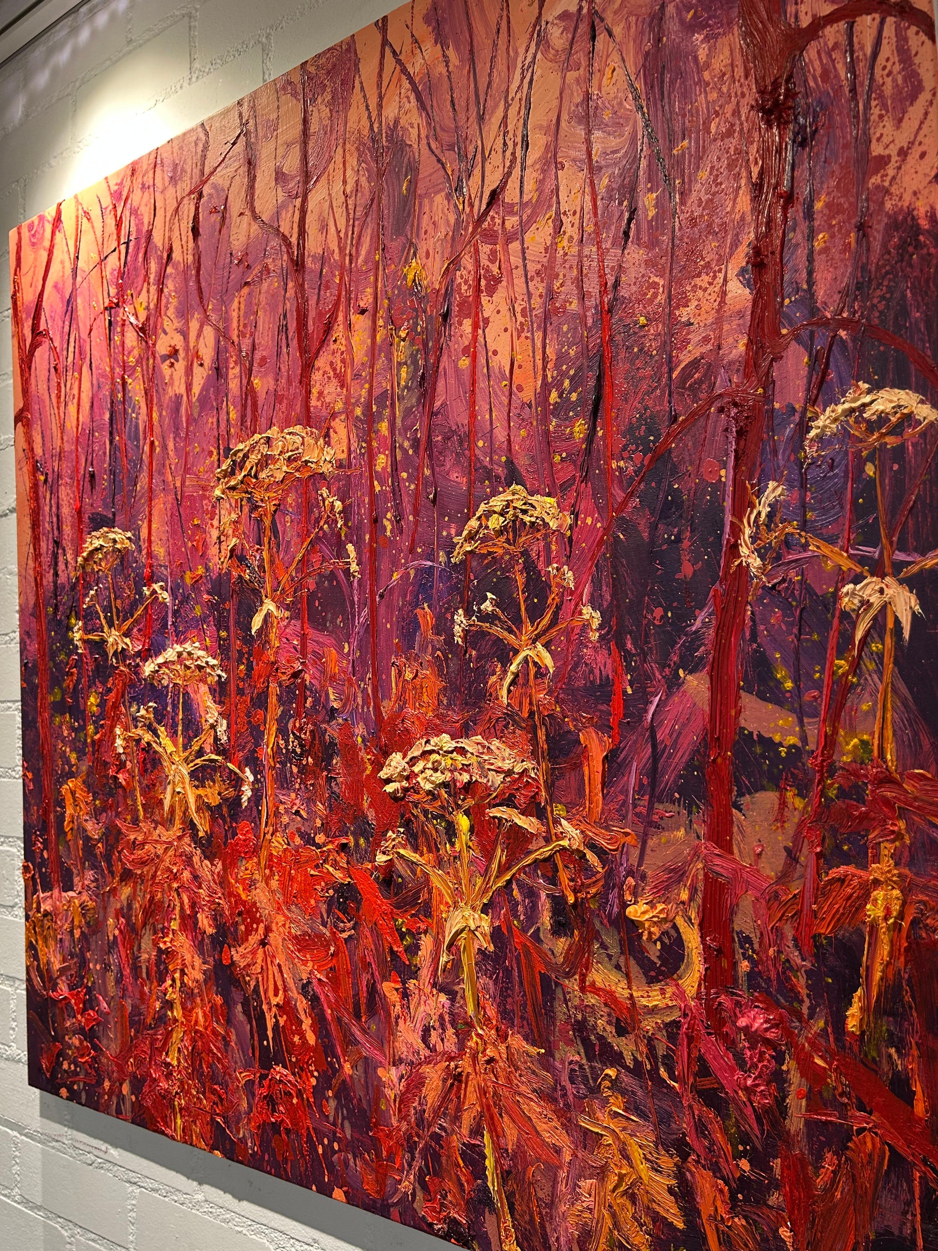 Magenta Pig Hogweed Oil Painting on Canvas Outdoors Modern Nature In Stock For Sale 7