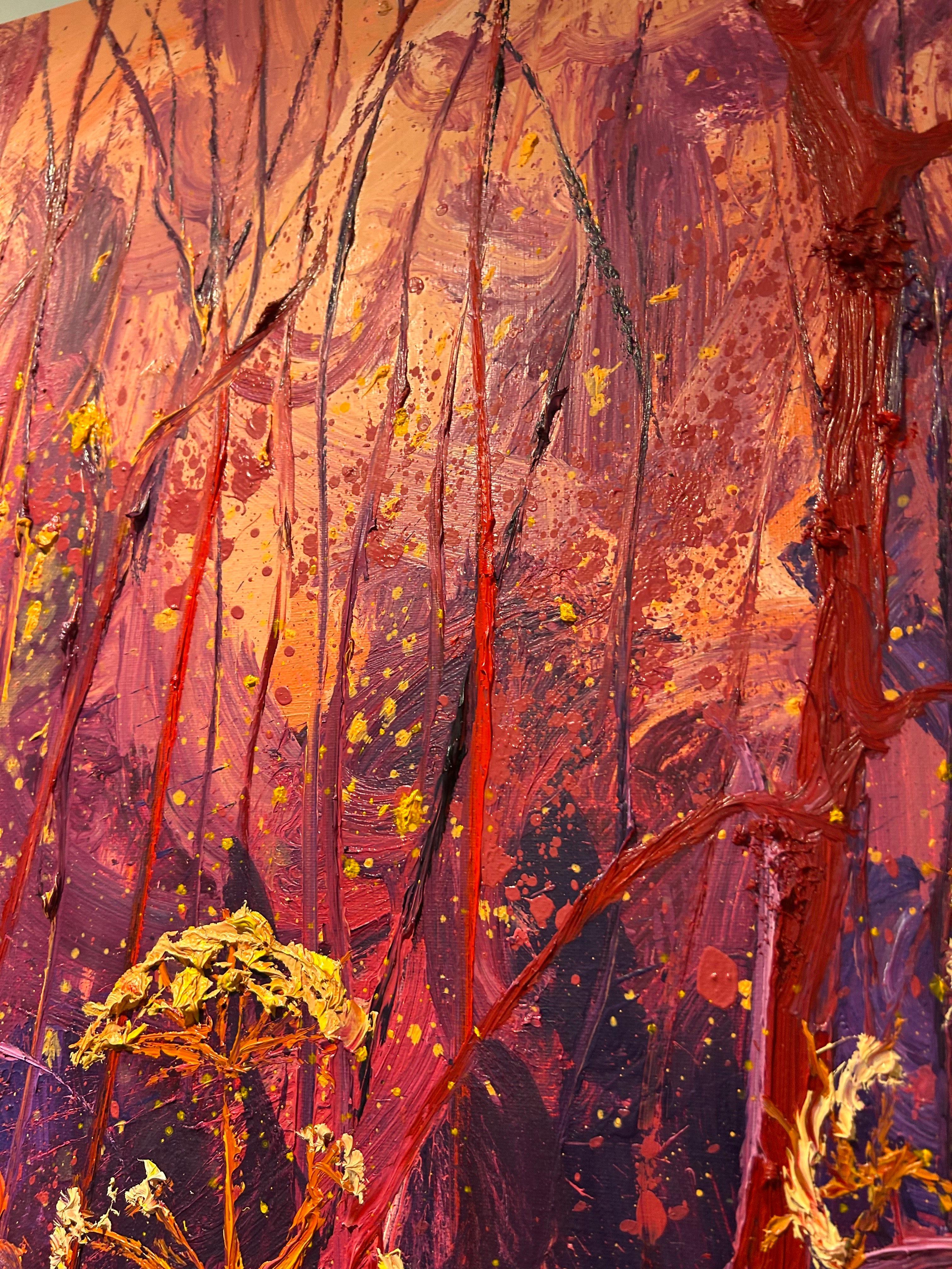 Magenta Pig Hogweed Oil Painting on Canvas Outdoors Modern Nature In Stock For Sale 3