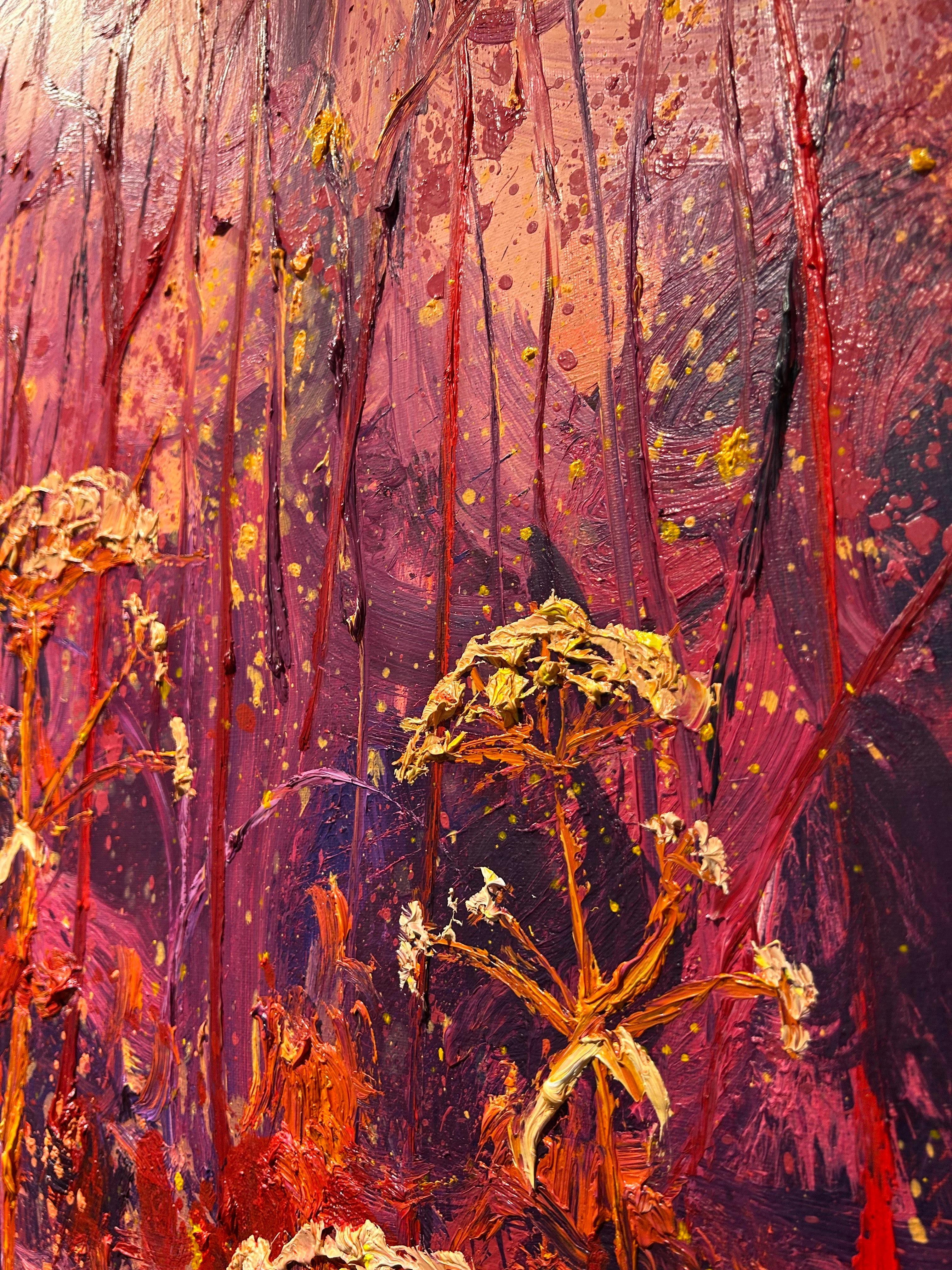 Magenta Pig Hogweed Oil Painting on Canvas Outdoors Modern Nature In Stock For Sale 4