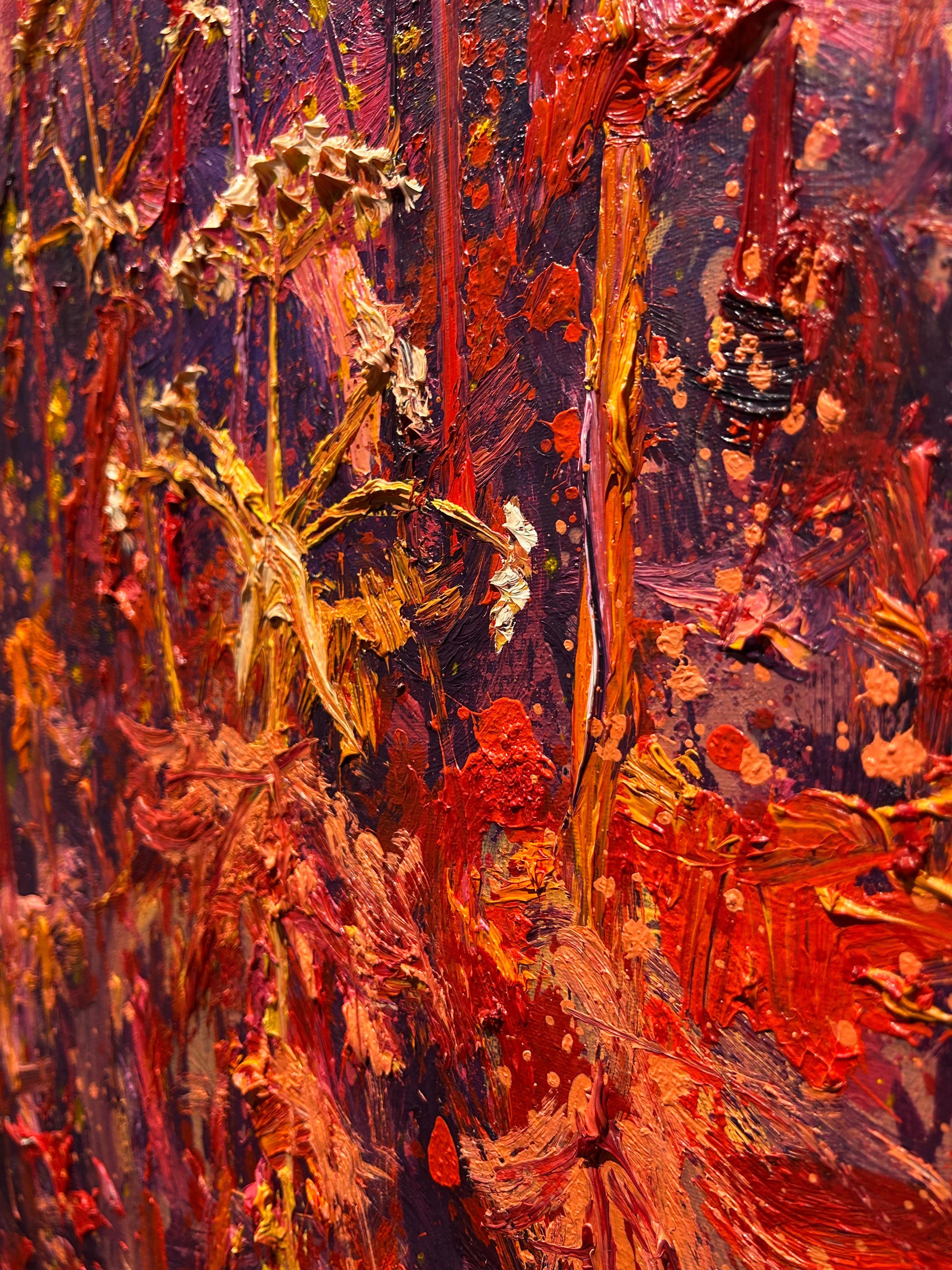 Magenta Pig Hogweed Oil Painting on Canvas Outdoors Modern Nature In Stock For Sale 6