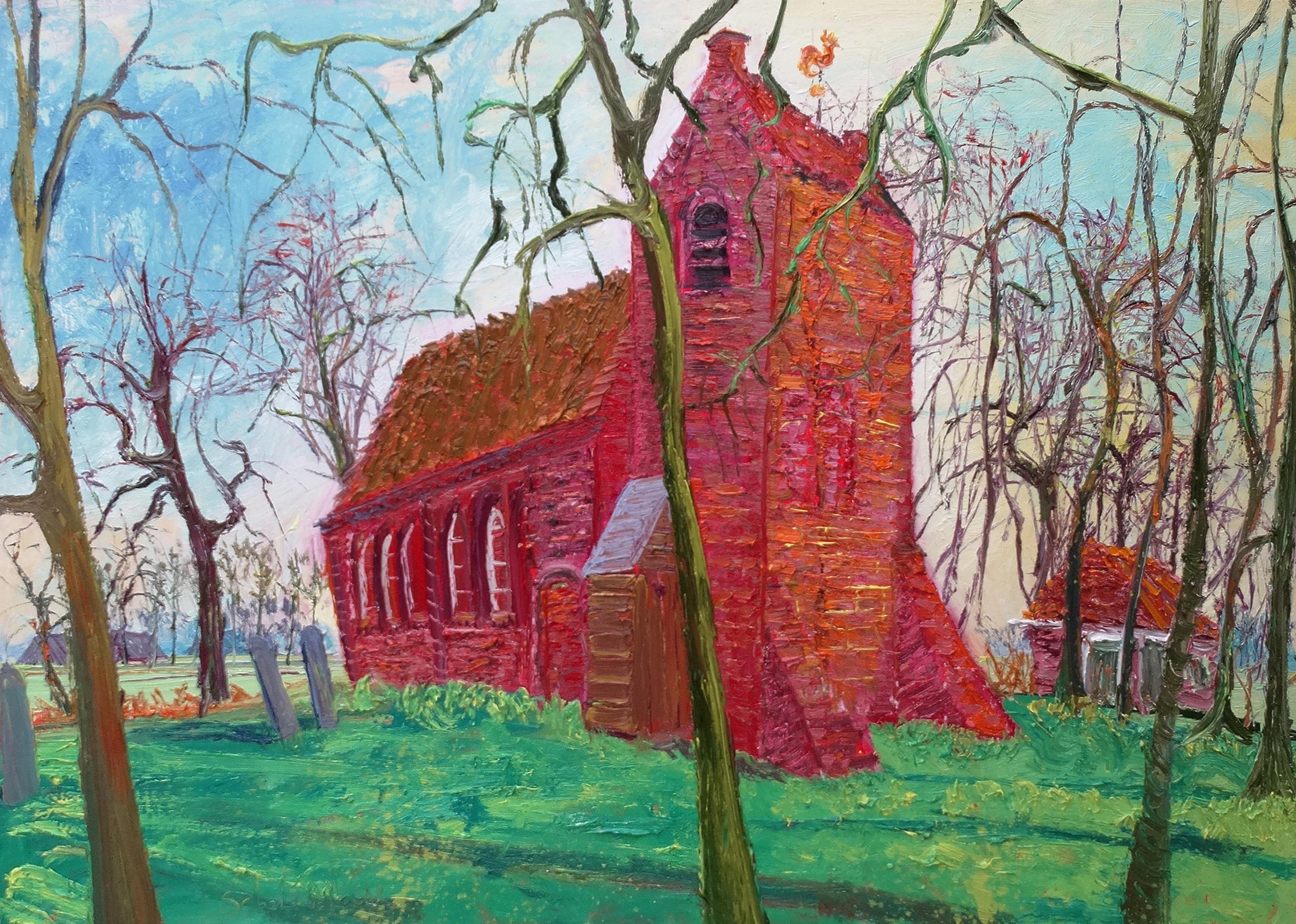 Gertjan Scholte-Albers Landscape Painting - Oostum Oil Painting on Canvas Linen Church Dutch Outdoors Modern  In Stock