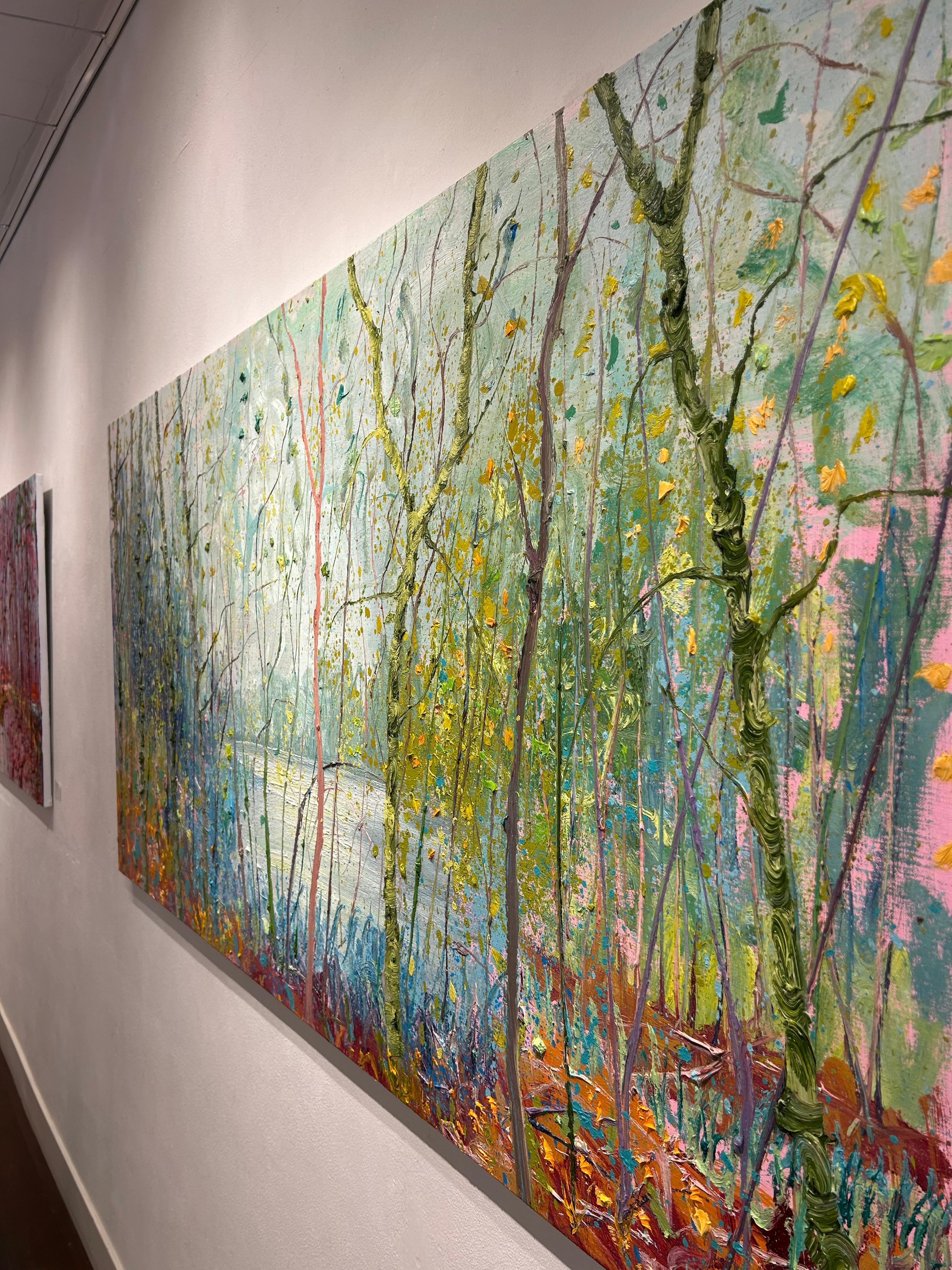 P Foggy Indian Summer Ölgemälde auf Leinwand Modern Nature Tree Outdoor Auf Lager (Zeitgenössisch), Painting, von Gertjan Scholte-Albers