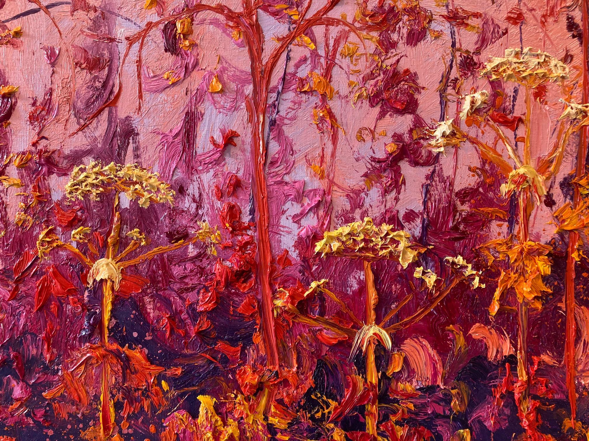 Red Small Hogweed Oil Painting Canvas Plein Air Outdoors Expressionism Vorrätig (Orange), Landscape Painting, von Gertjan Scholte-Albers