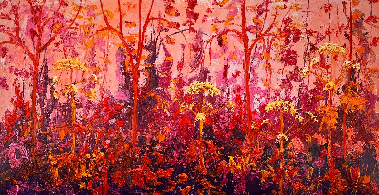 Red Small Hogweed Oil Painting Canvas Plein Air Outdoor Expressionism In Stock