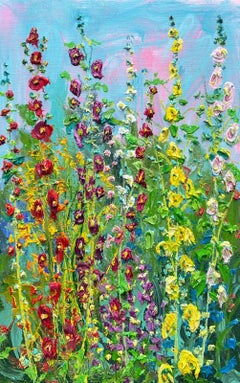 Standing Hollyhocks Oil Painting on Canvas Modern Nature Flowers In Stock