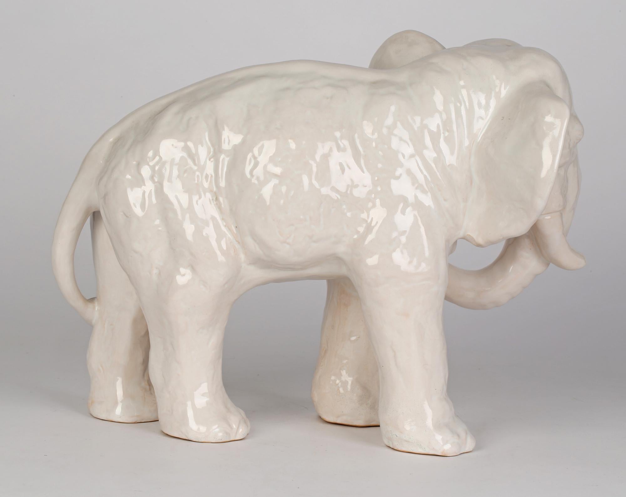 Stoneware Gertrud Kudielka Danish JL Hjorth Large White Glazed Pottery Elephant For Sale