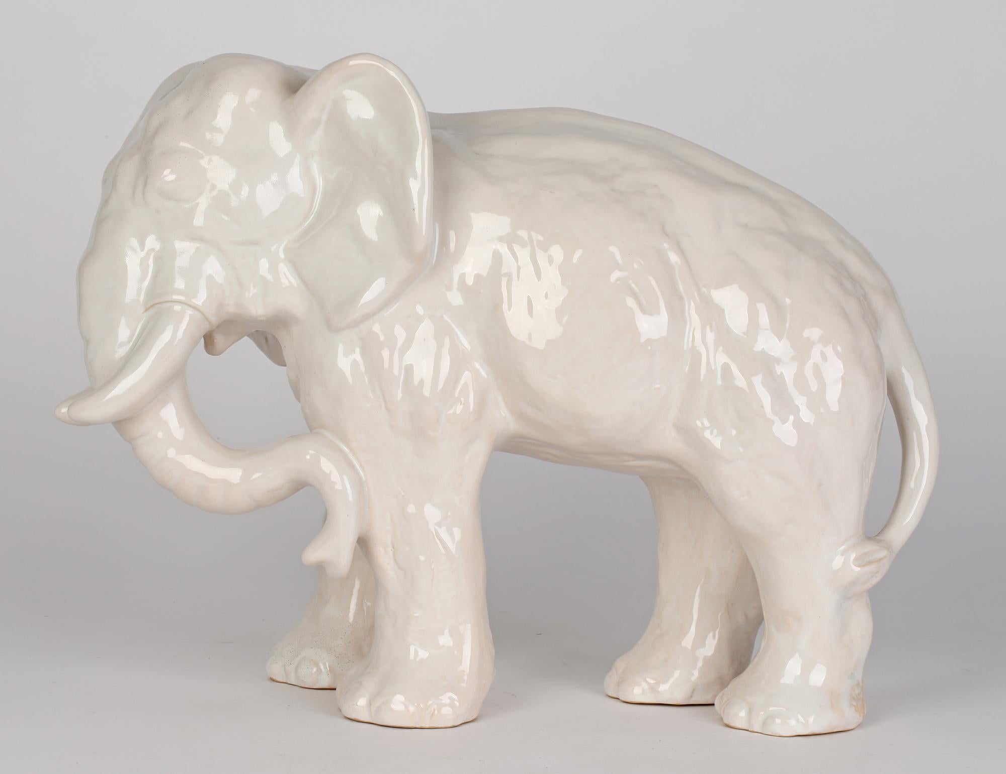 Gertrud Kudielka Danish JL Hjorth Large White Glazed Pottery Elephant In Good Condition For Sale In Bishop's Stortford, Hertfordshire