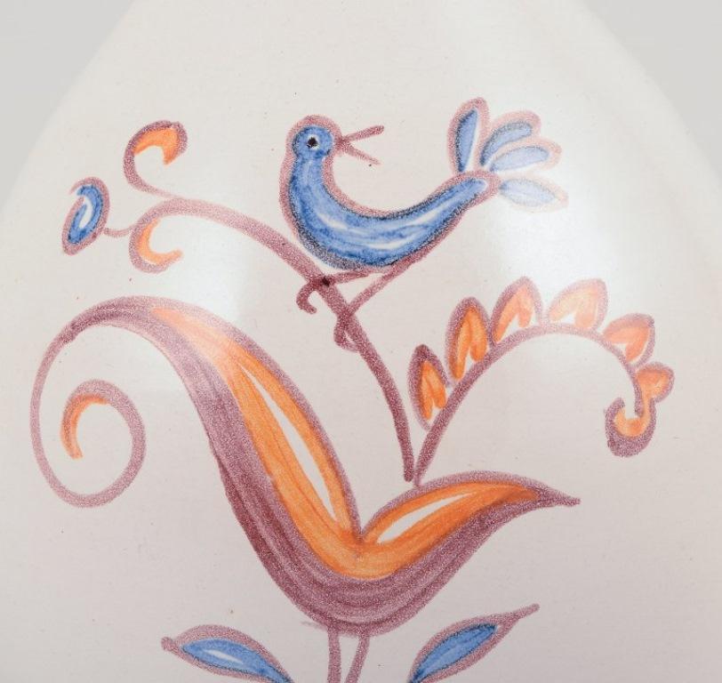 Folk Art Gertrud Kudielka for Hjort. Unique ceramic vase. Motif of bird on branch For Sale