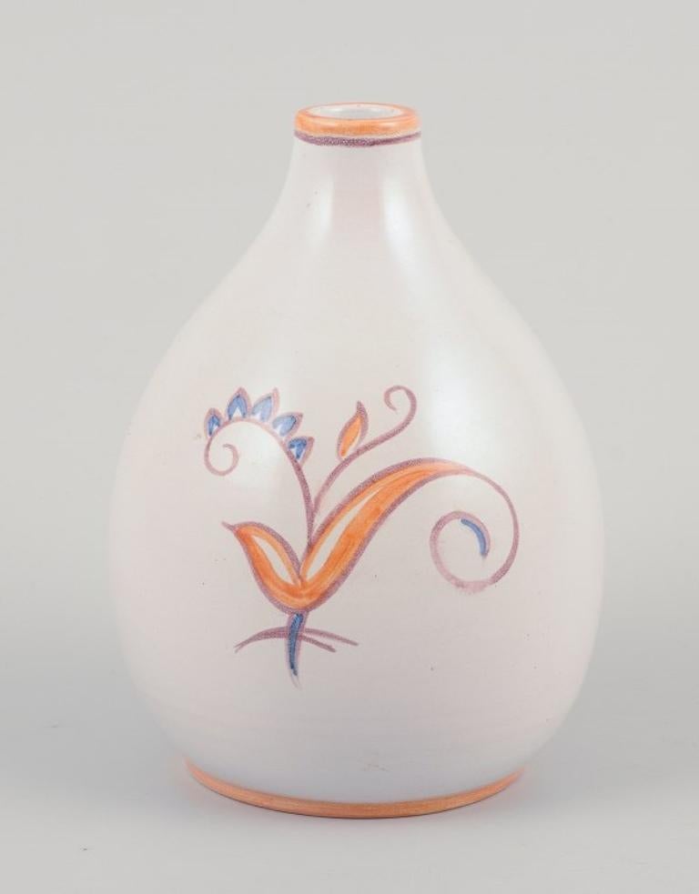 Danish Gertrud Kudielka for Hjort. Unique ceramic vase. Motif of bird on branch For Sale
