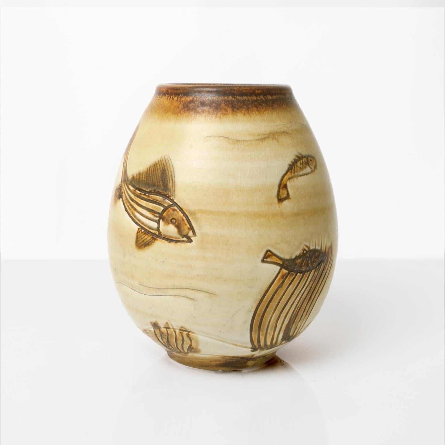20th Century Gertrud Lonegren Group of Three Ceramic Vases with Fish Motif for Rorstrand For Sale