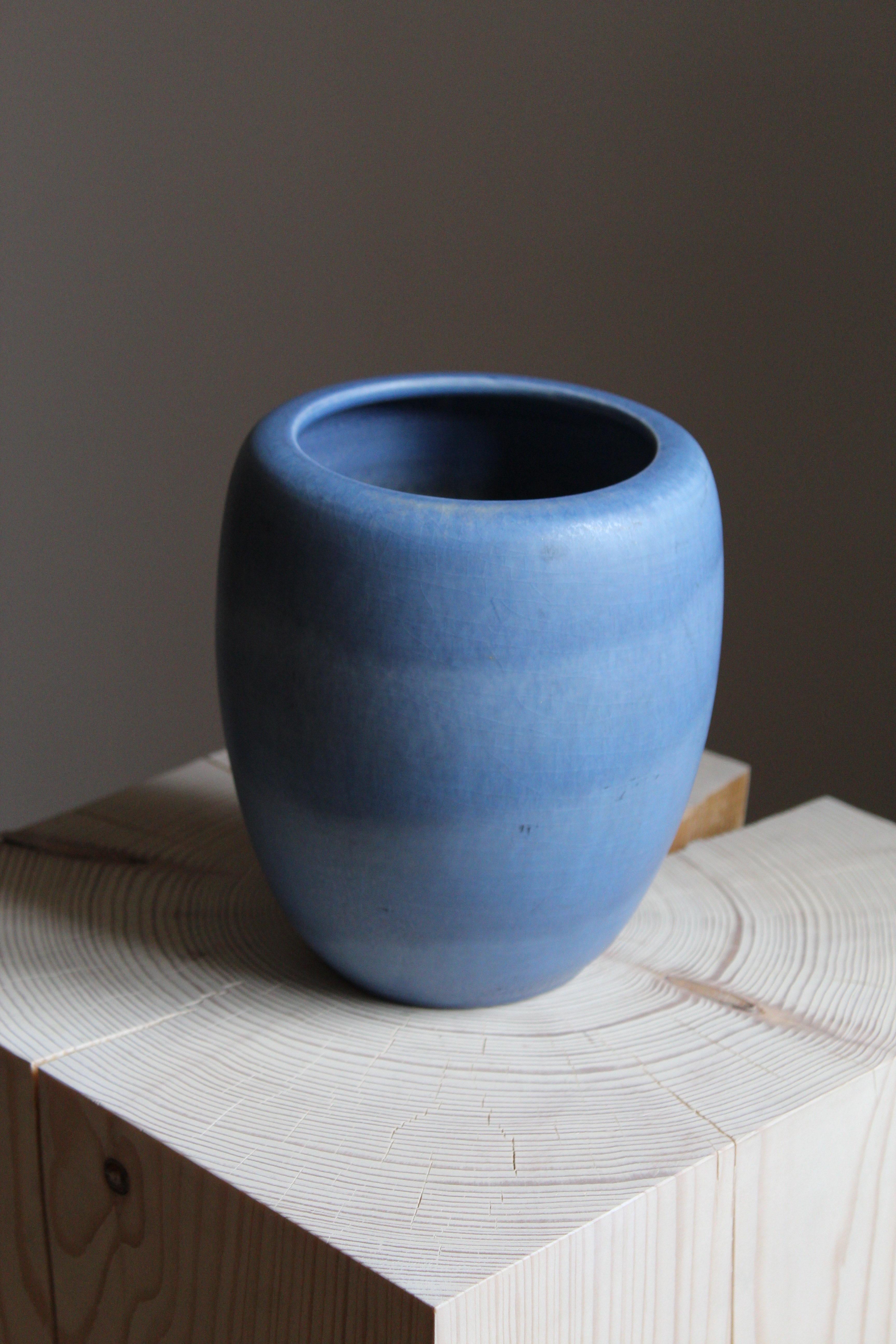 Mid-Century Modern Gertrud Lönegren, Modernist Vase, Blue Glazed Stoneware, Rörstrand, 1950s