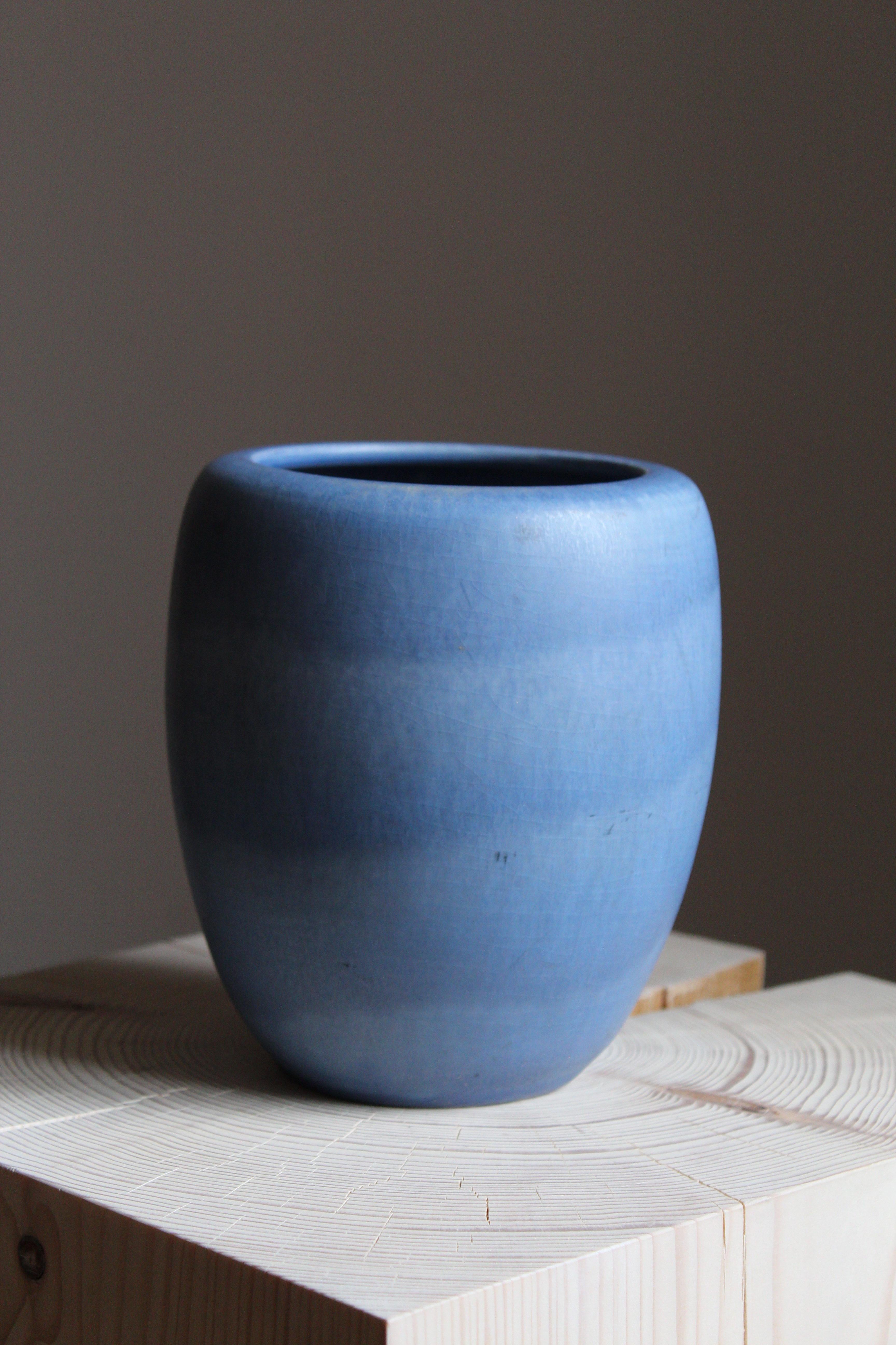 Swedish Gertrud Lönegren, Modernist Vase, Blue Glazed Stoneware, Rörstrand, 1950s