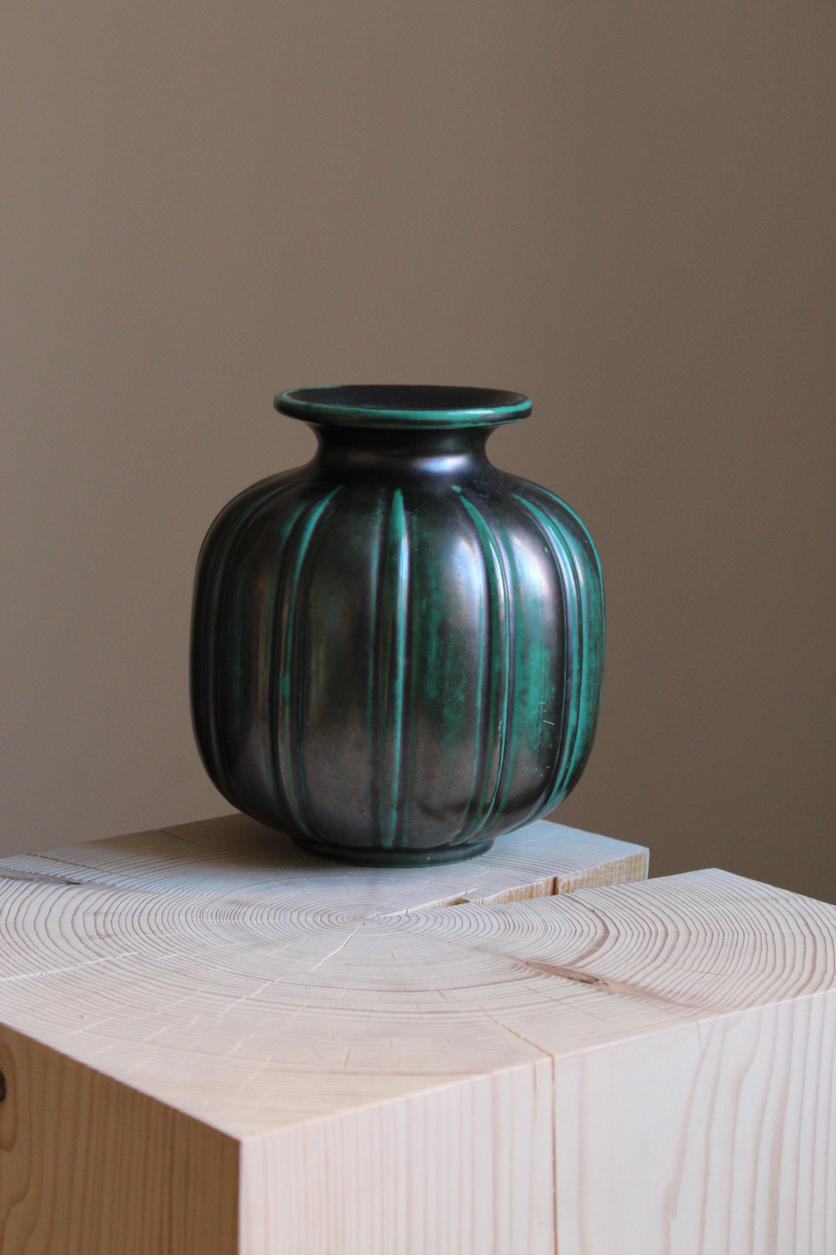 Mid-Century Modern Gertrud Lönegren, Modernist Vase, Green Glazed Stoneware, St. Eriks Upsala 1930s