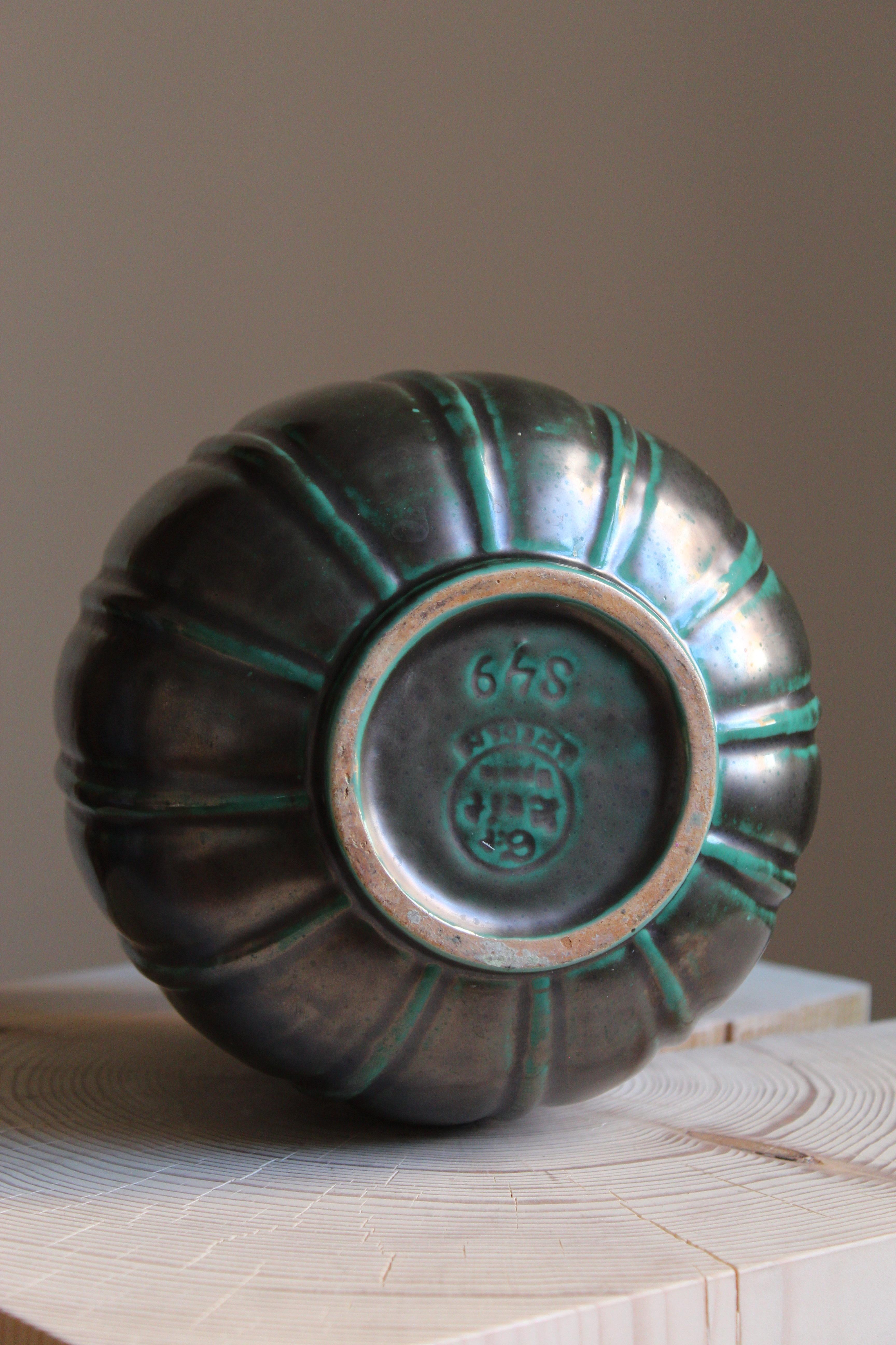Swedish Gertrud Lönegren, Modernist Vase, Green Glazed Stoneware, St. Eriks Upsala 1930s