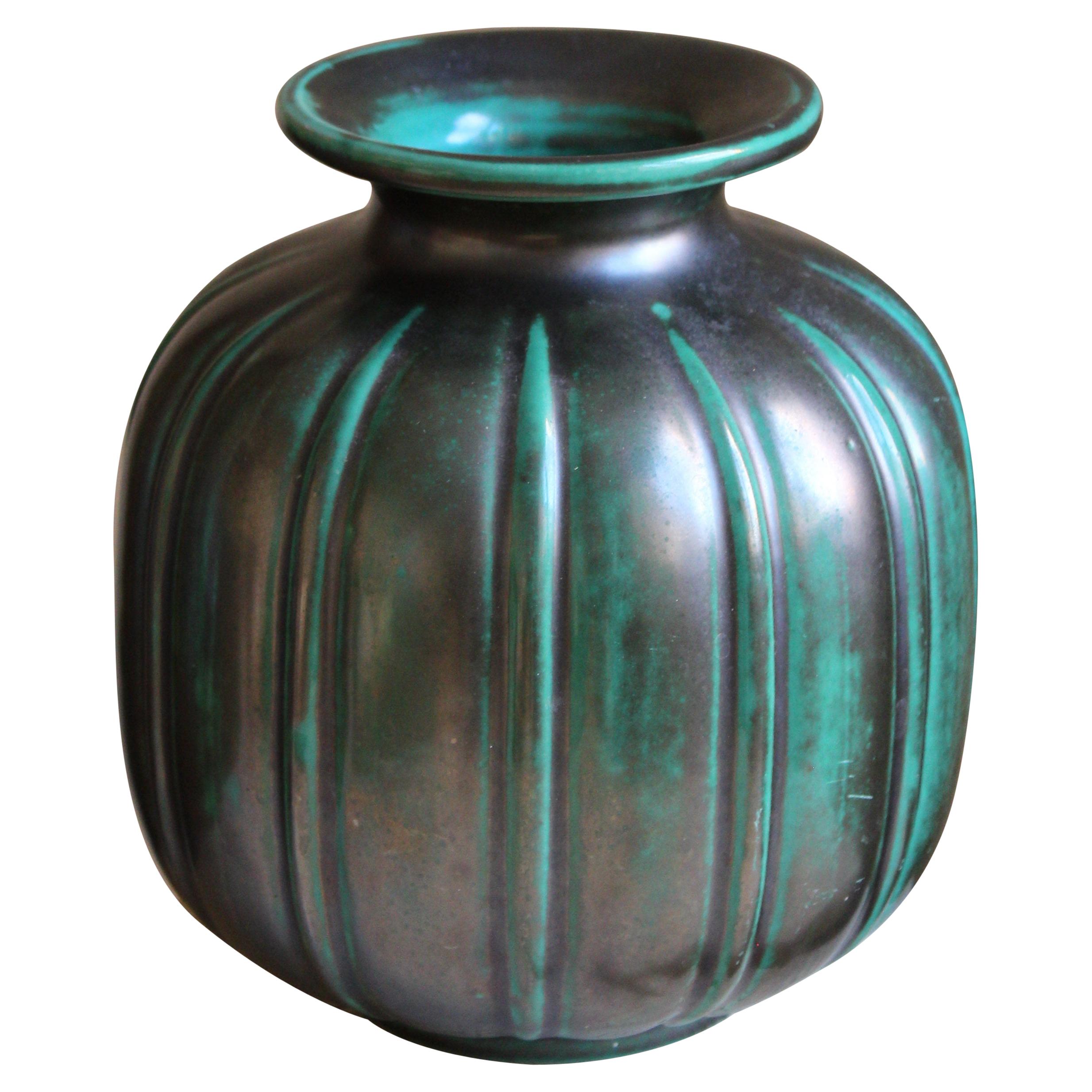 Gertrud Lönegren, Modernist Vase, Green Glazed Stoneware, St. Eriks Upsala 1930s