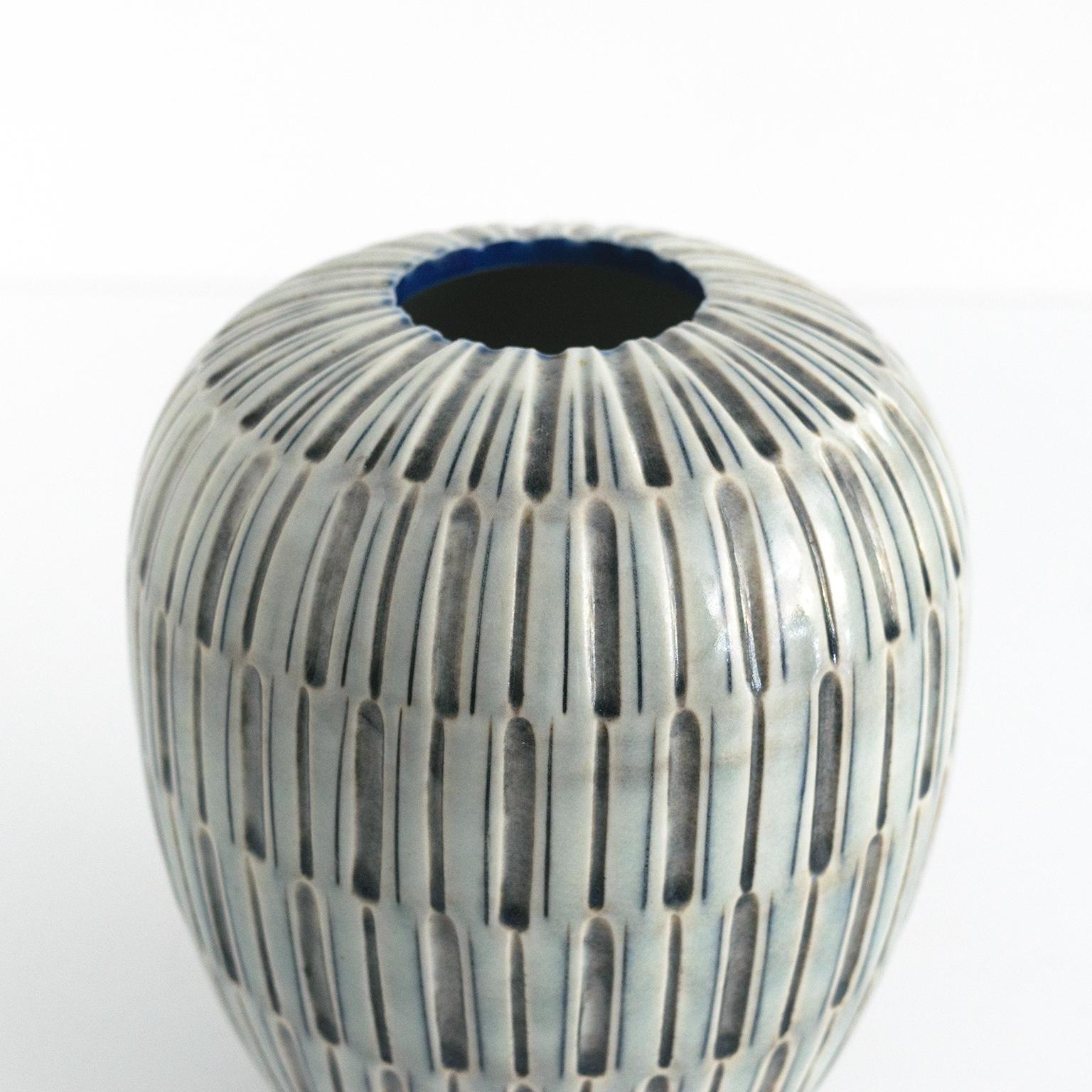 Ceramic Gertrud Lonegren Scandinavian Modern Textured Blue Gray Vase, Rorstrand 1940's