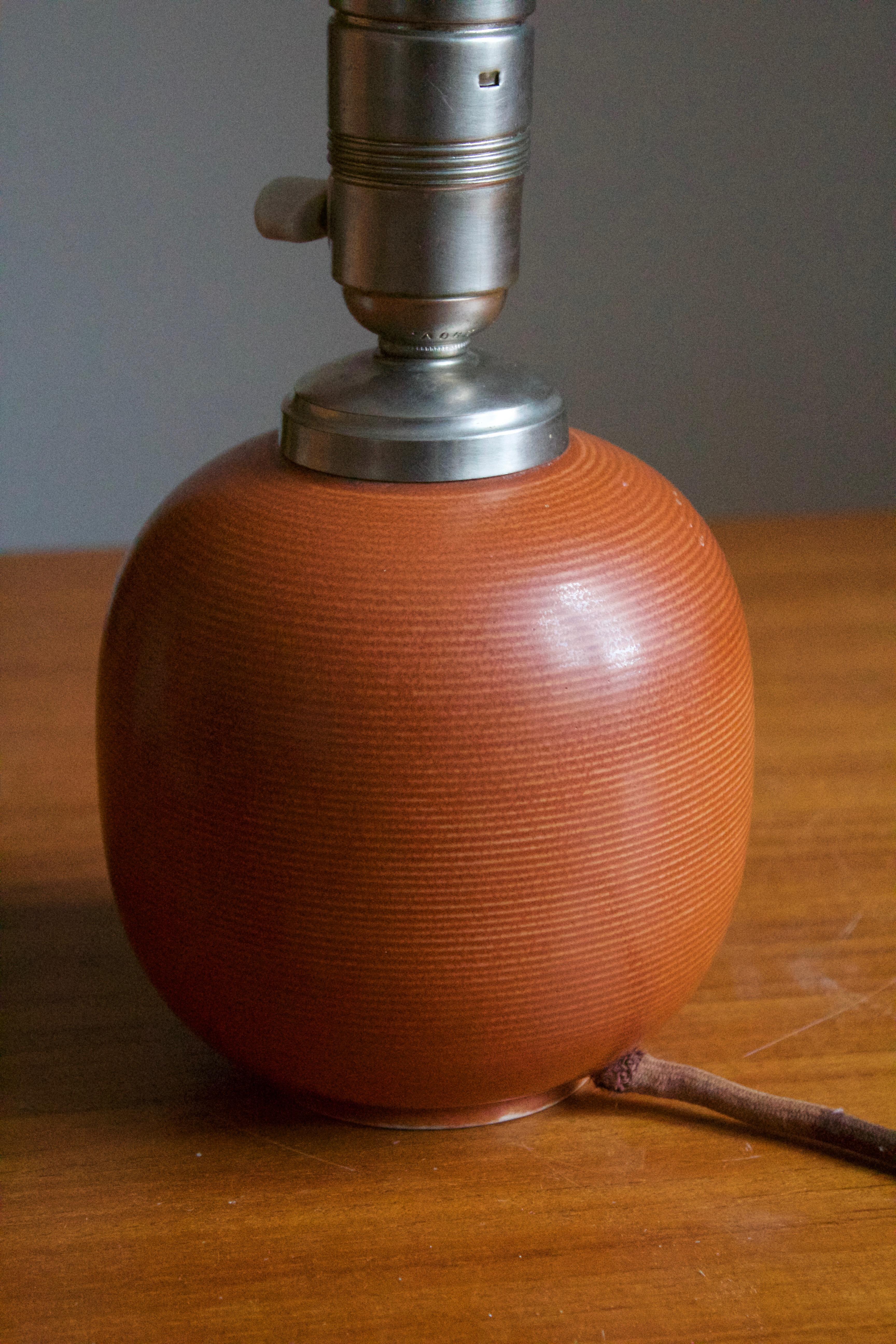 Swedish Gertrud Lönegren, Table Lamp, Orange Glazed Stoneware, Rörstrand, 1940s