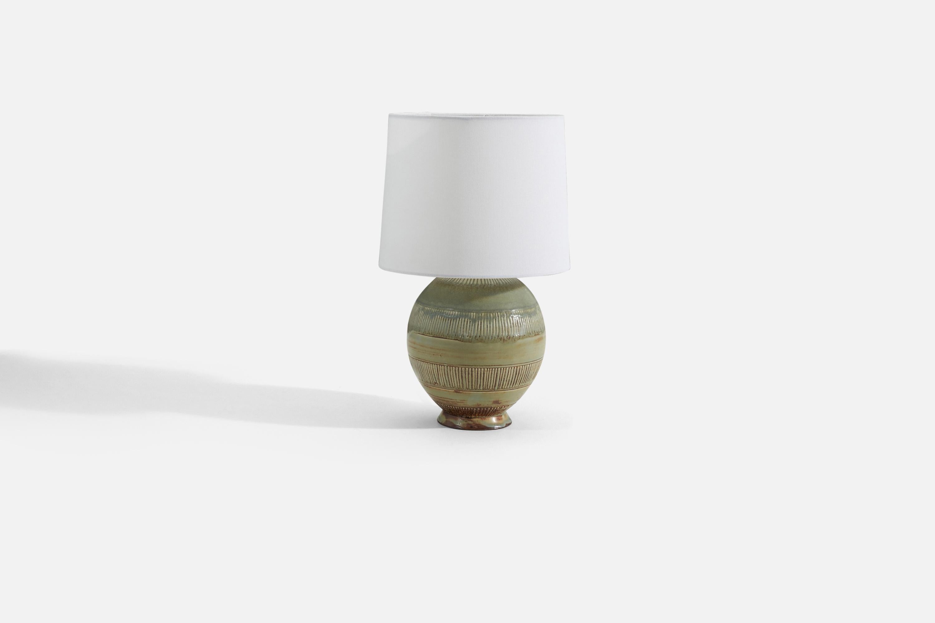 Mid-Century Modern Gertrud Lönegren, Table Lamp, Green-Glazed Stoneware, Rörstrand, 1940s For Sale