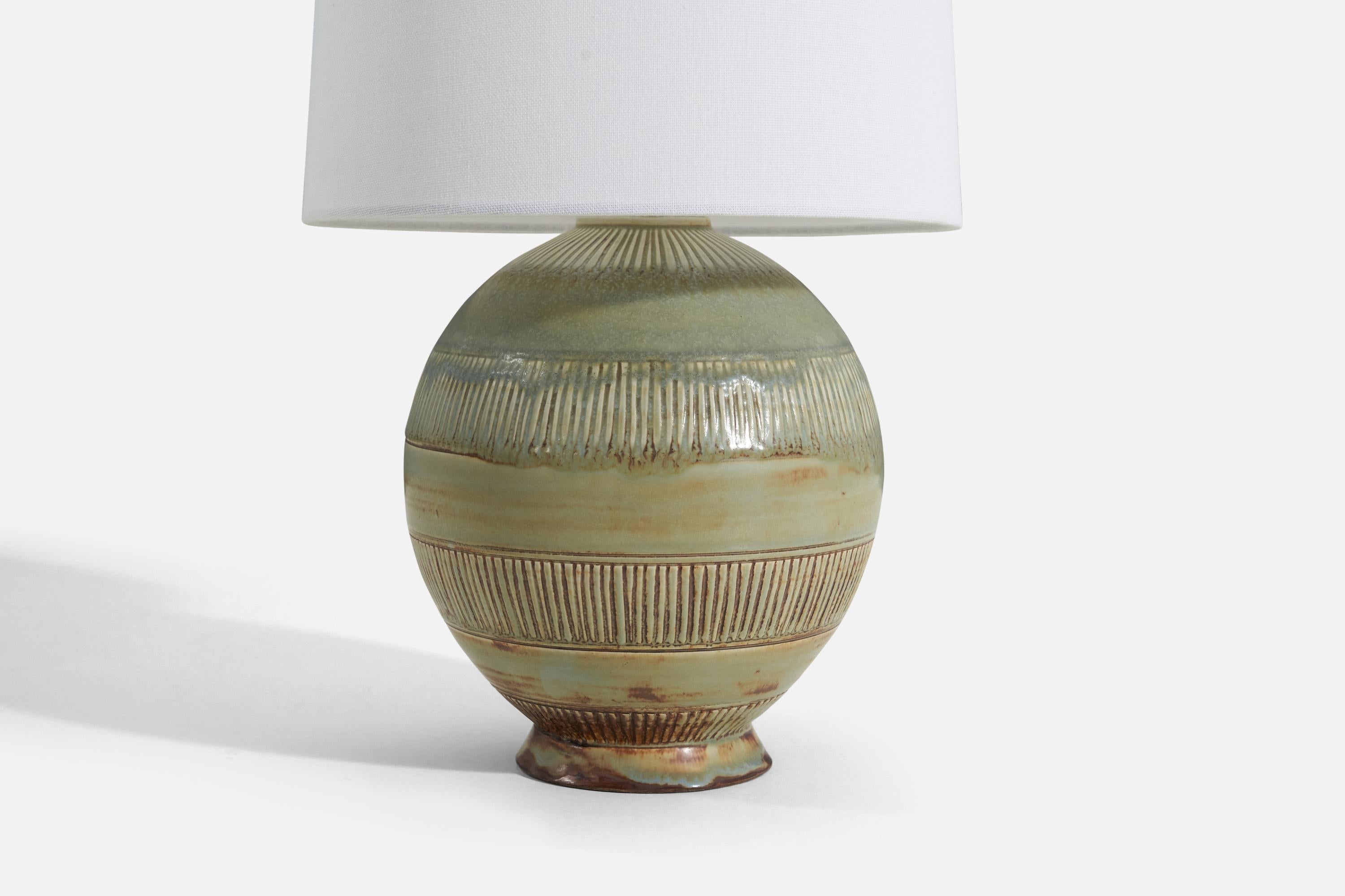 Swedish Gertrud Lönegren, Table Lamp, Green-Glazed Stoneware, Rörstrand, 1940s For Sale