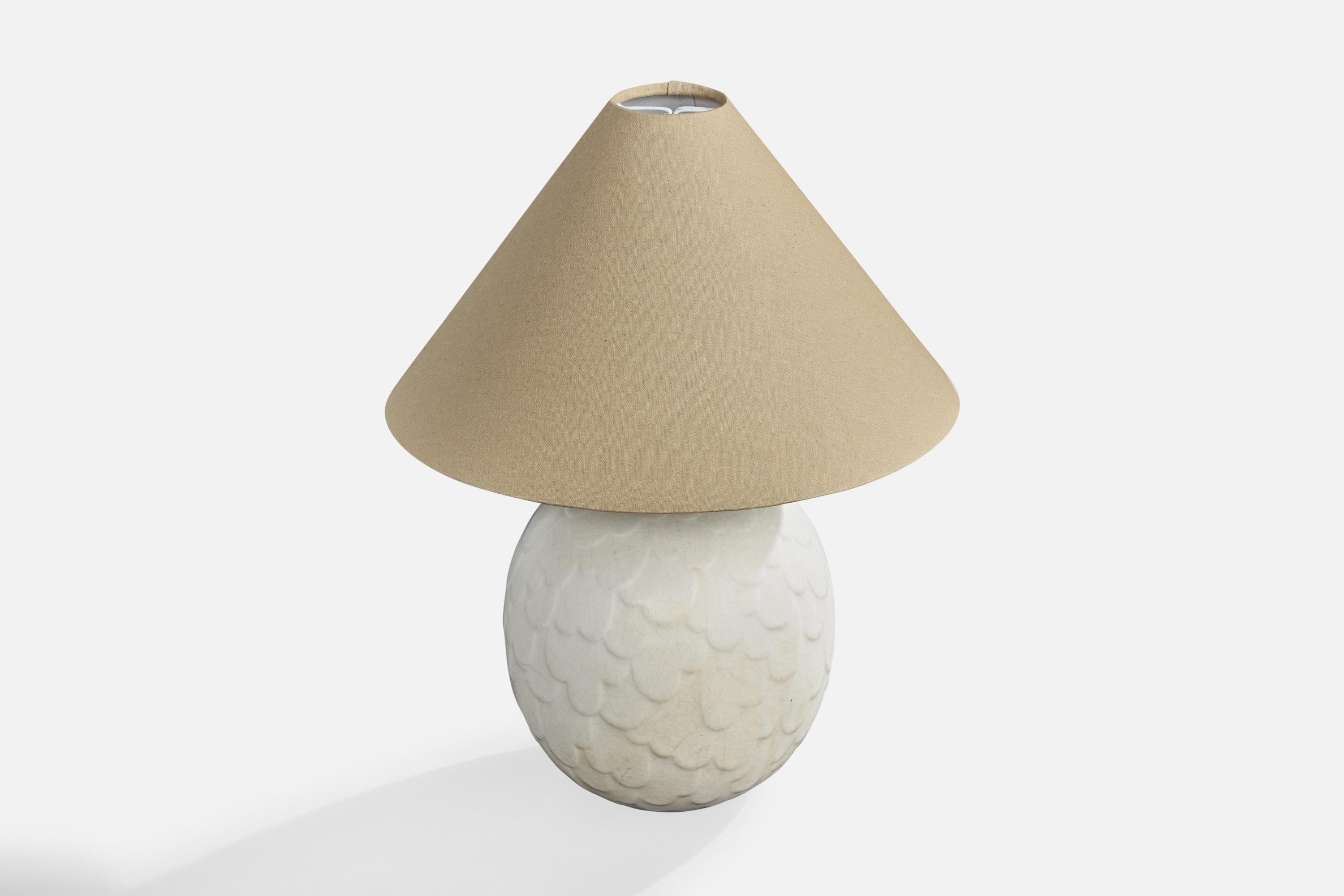 Mid-Century Modern Gertrud Lönegren, Table Lamp, Stoneware, Brass, Fabric, Sweden, 1940s For Sale