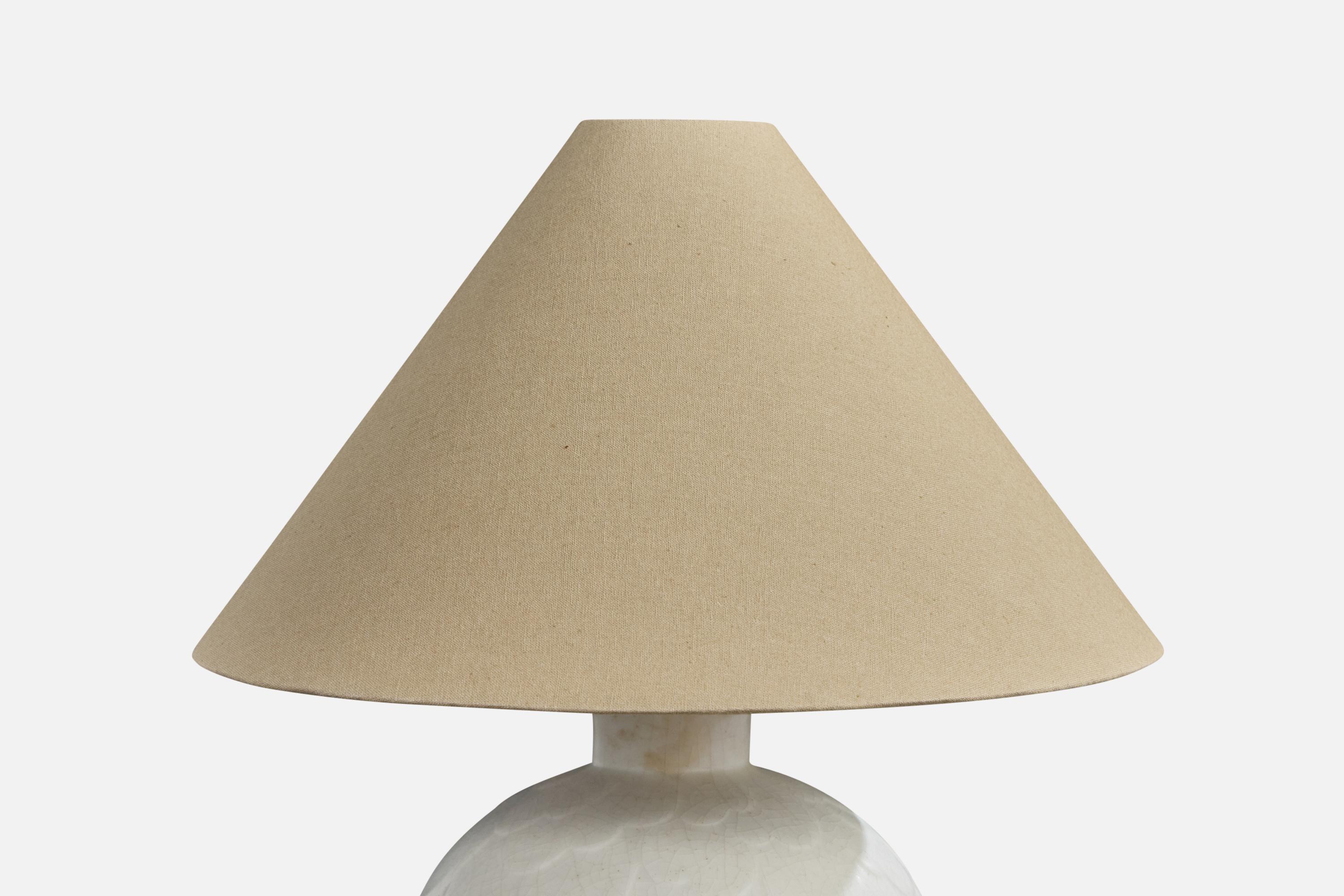 Swedish Gertrud Lönegren, Table Lamp, Stoneware, Brass, Fabric, Sweden, 1940s For Sale