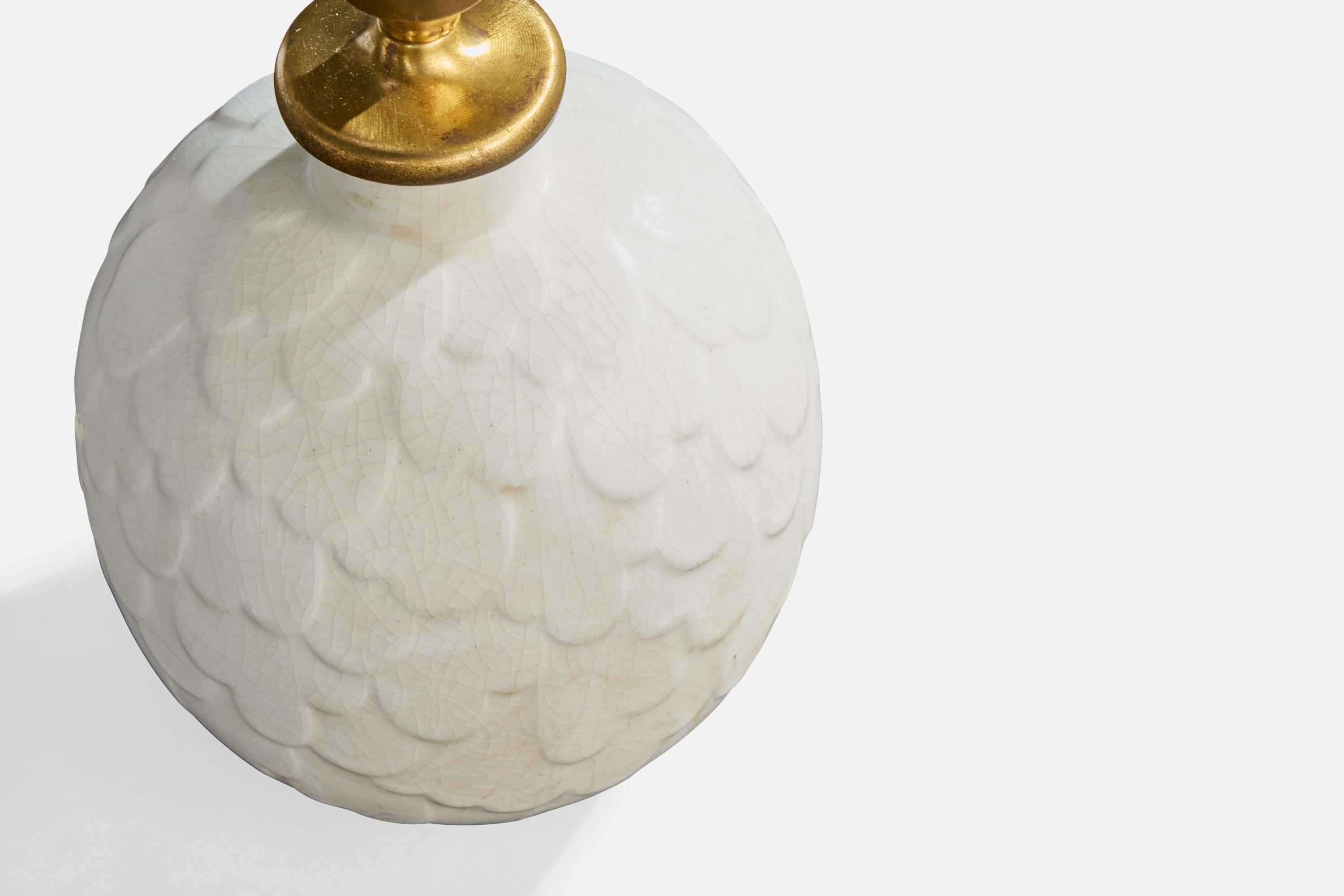 Gertrud Lönegren, Table Lamp, Stoneware, Brass, Fabric, Sweden, 1940s In Good Condition For Sale In High Point, NC