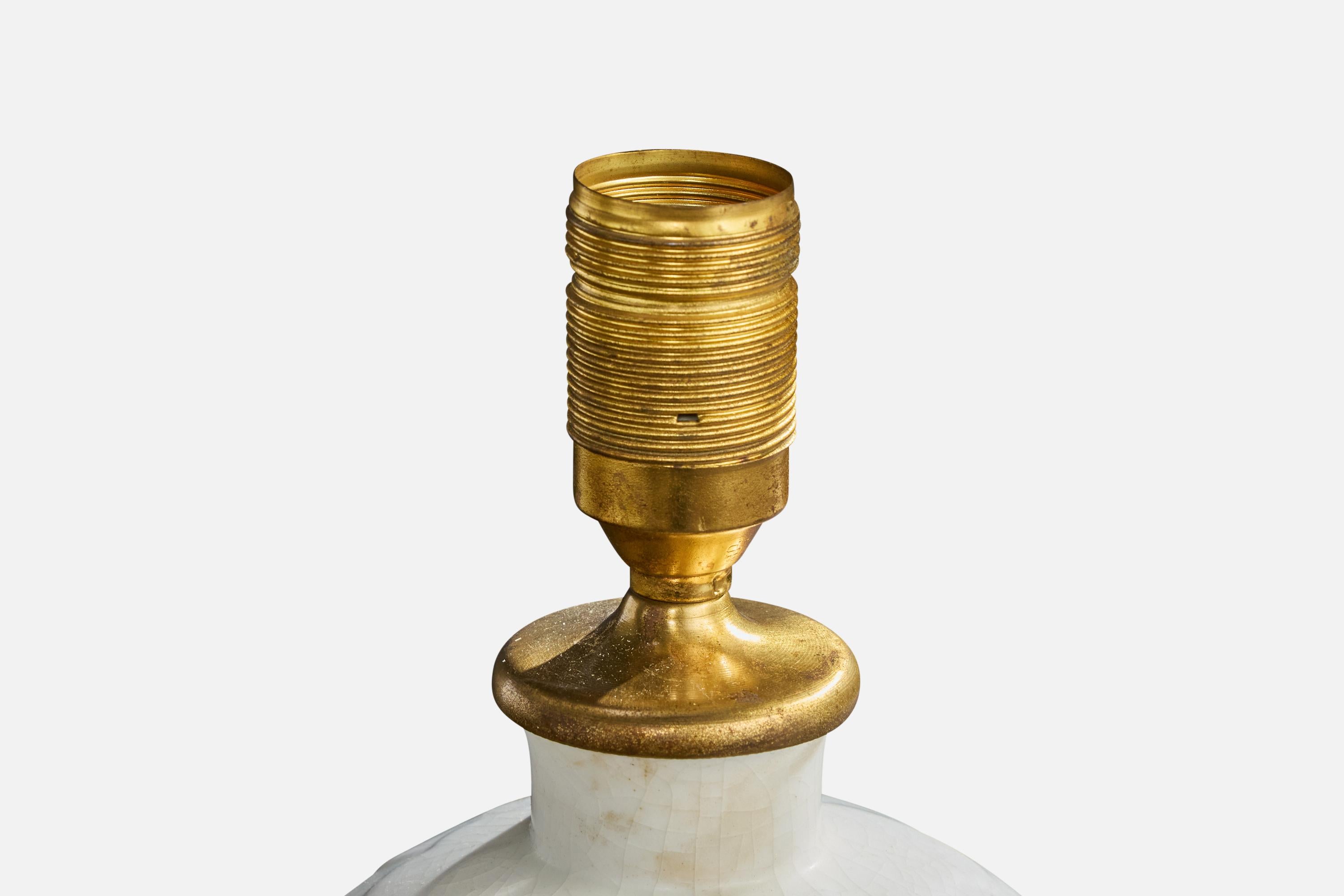 Mid-20th Century Gertrud Lönegren, Table Lamp, Stoneware, Brass, Fabric, Sweden, 1940s For Sale